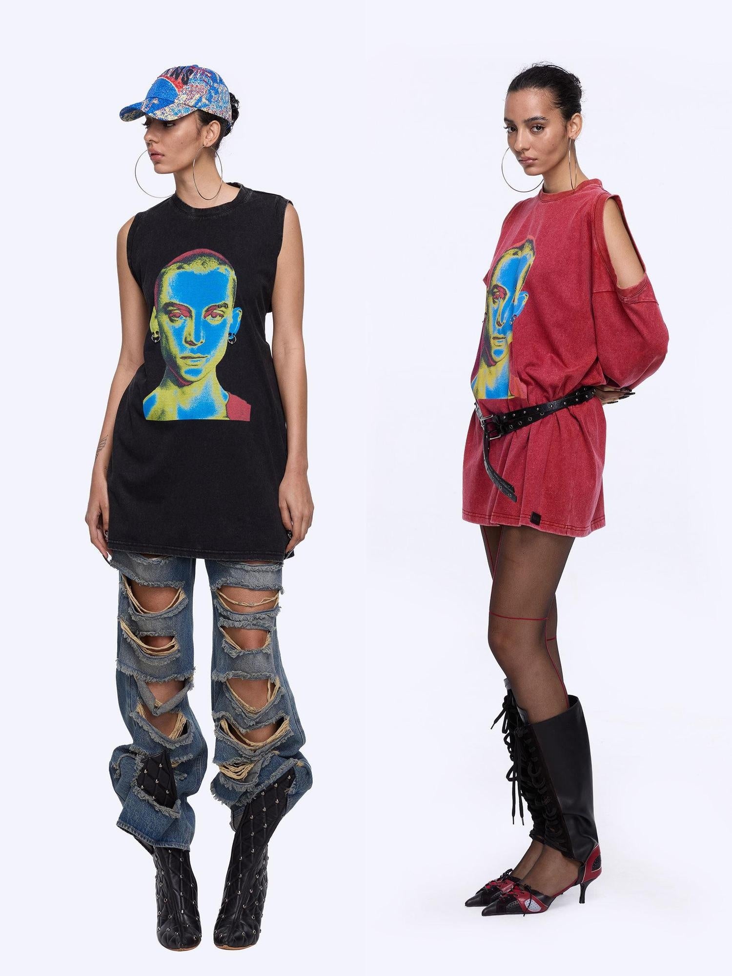 24ans Durable Cotton Blend Street Punk Graphic Loose Fit Unisex Red Black T-Shirt