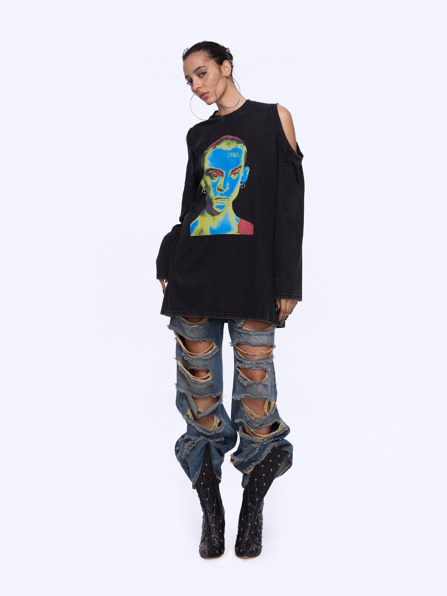 24ans Durable Cotton Blend Street Punk Graphic Loose Fit Unisex Red Black T-Shirt