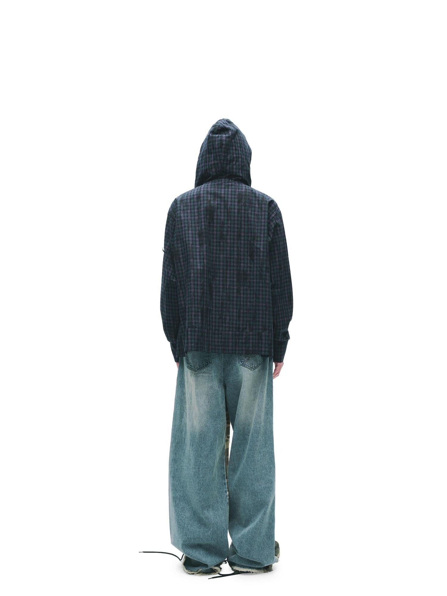 24ans Durable Cotton Punk Loose Hooded Plaid Unisex Long Sleeve Shirts