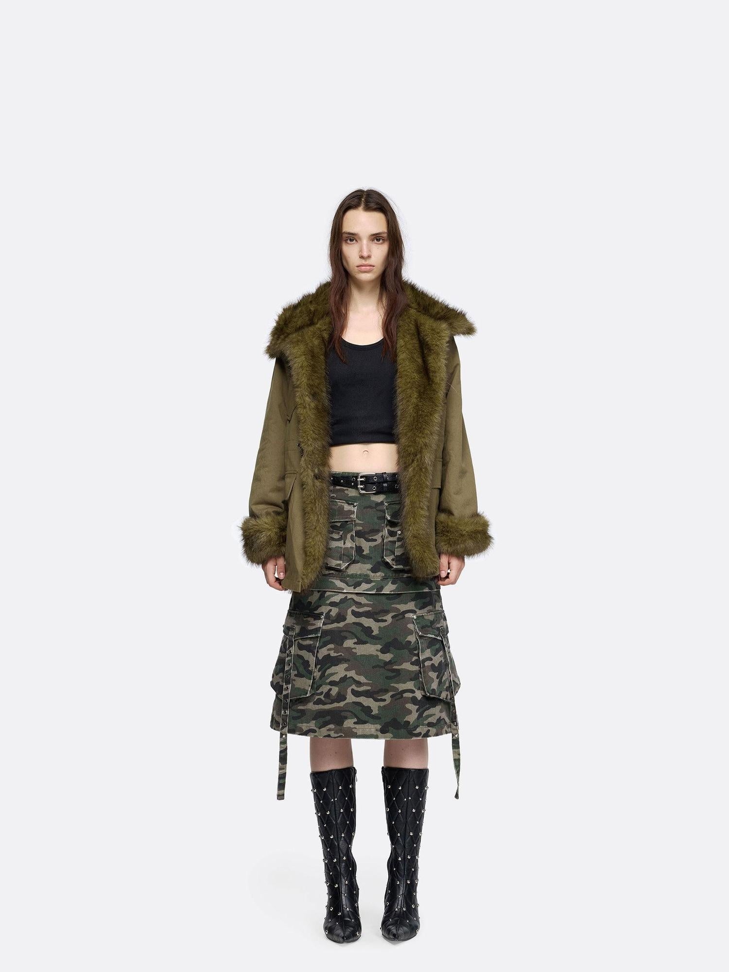 24ans Edgy Punk Street Long Sleeve Regular Fit Unisex Olive Black Jacket