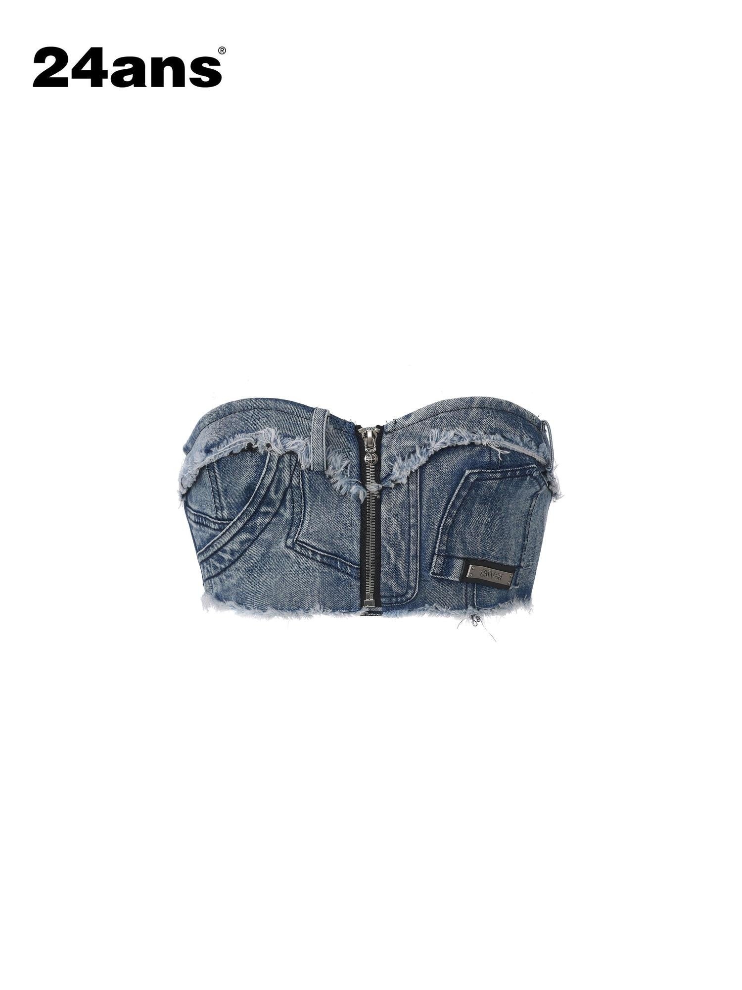 24ans Enzyme Stonewash Frayed Hem Zipper High Waist Women&