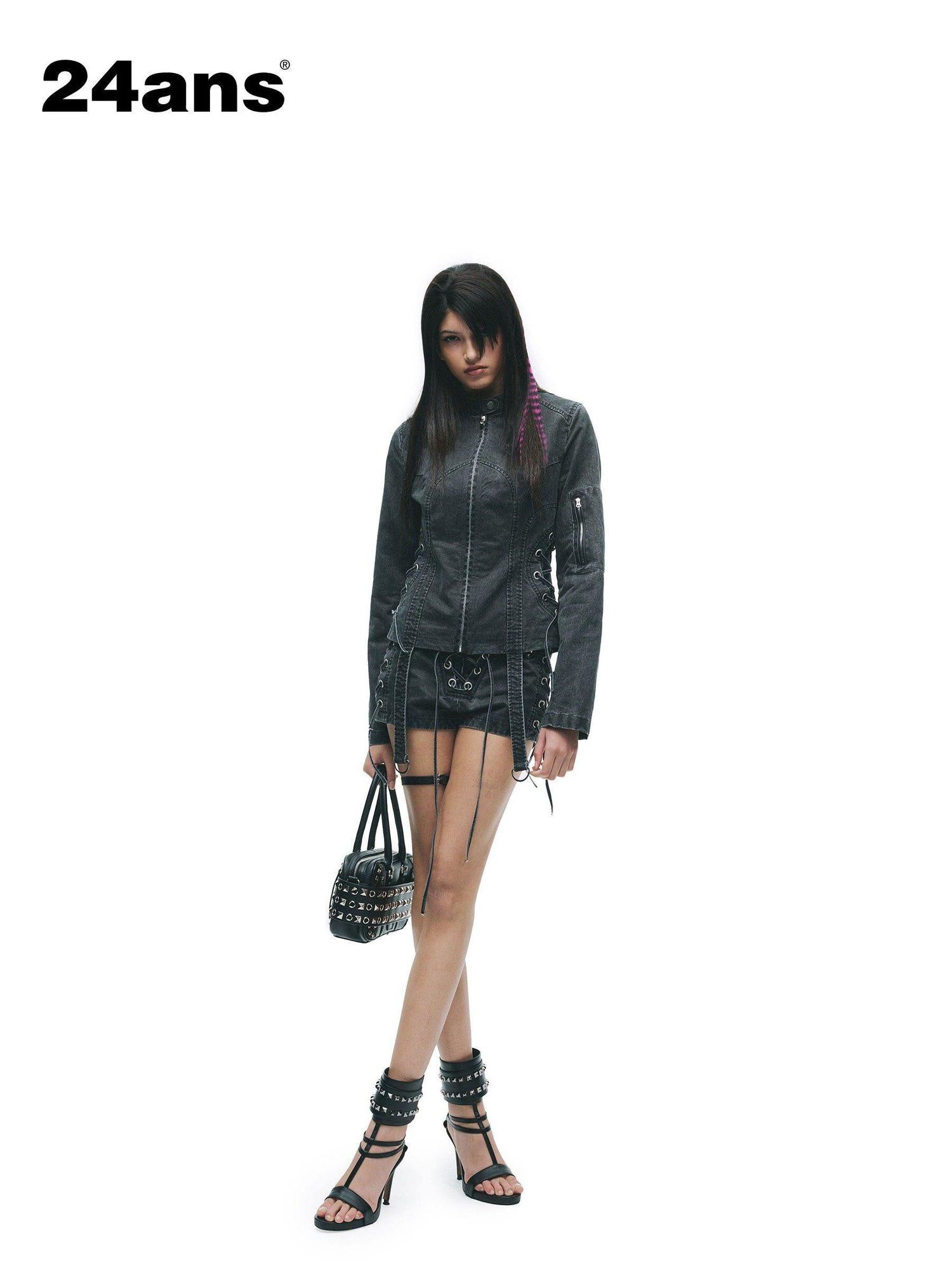 24ans Enzyme Wash Drawstring Slim Natural Waist Women Cotton Stretch Denim Shorts