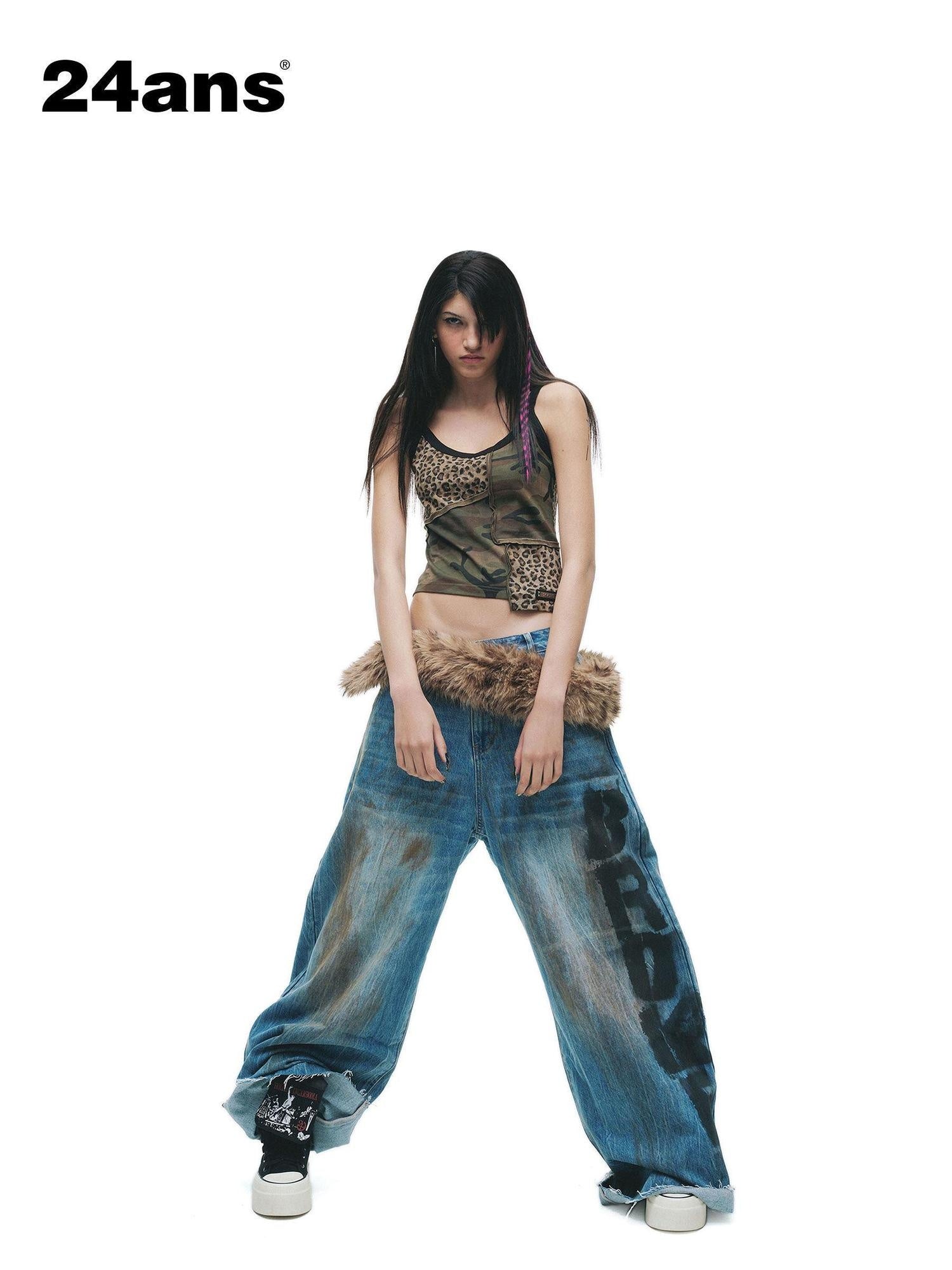 24ans Enzyme Wash Natural Waist Letter Print Blue Slight Stretch Wide-Leg Jeans