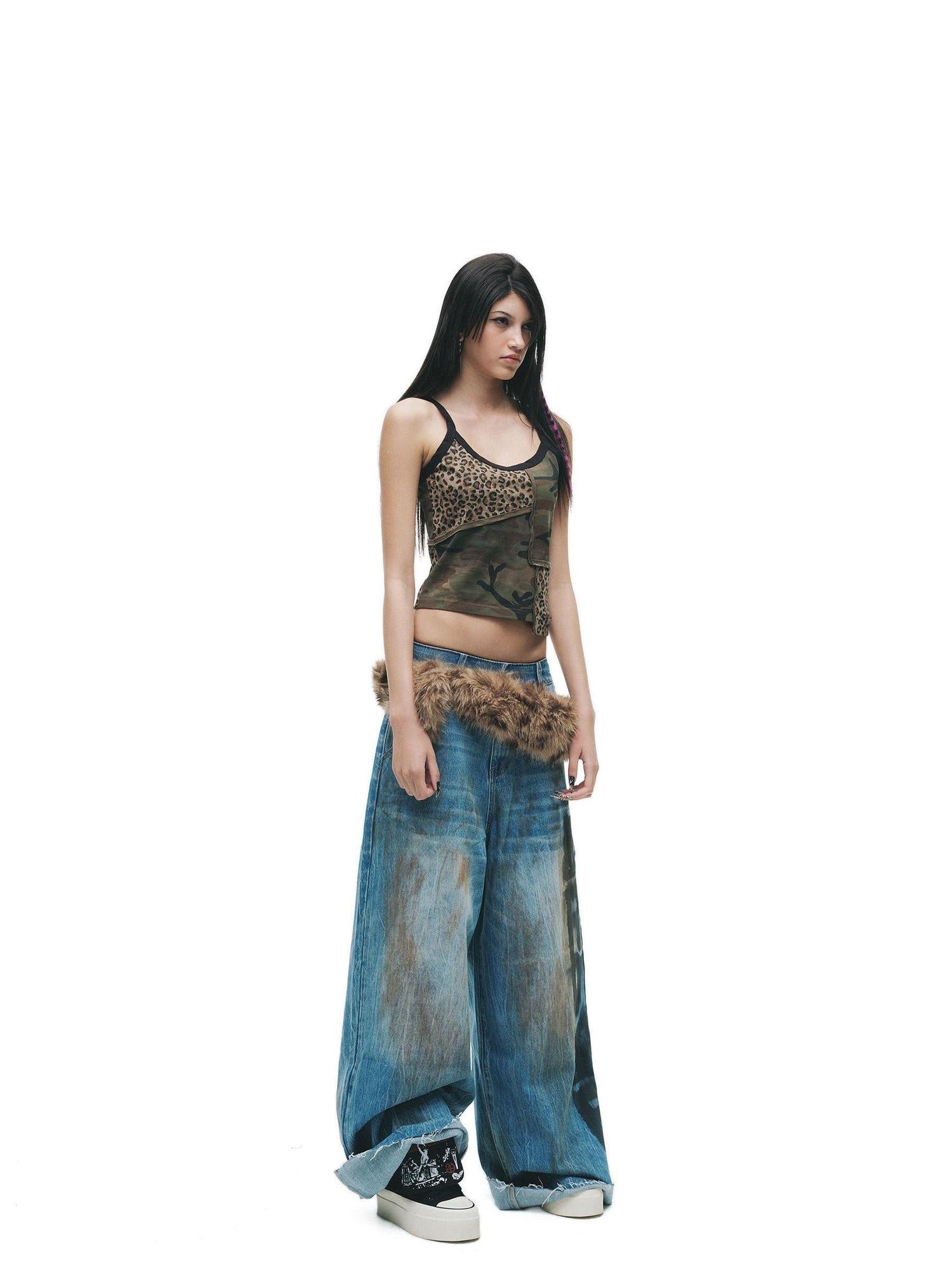 24ans Enzyme Wash Natural Waist Letter Print Blue Slight Stretch Wide-Leg Jeans