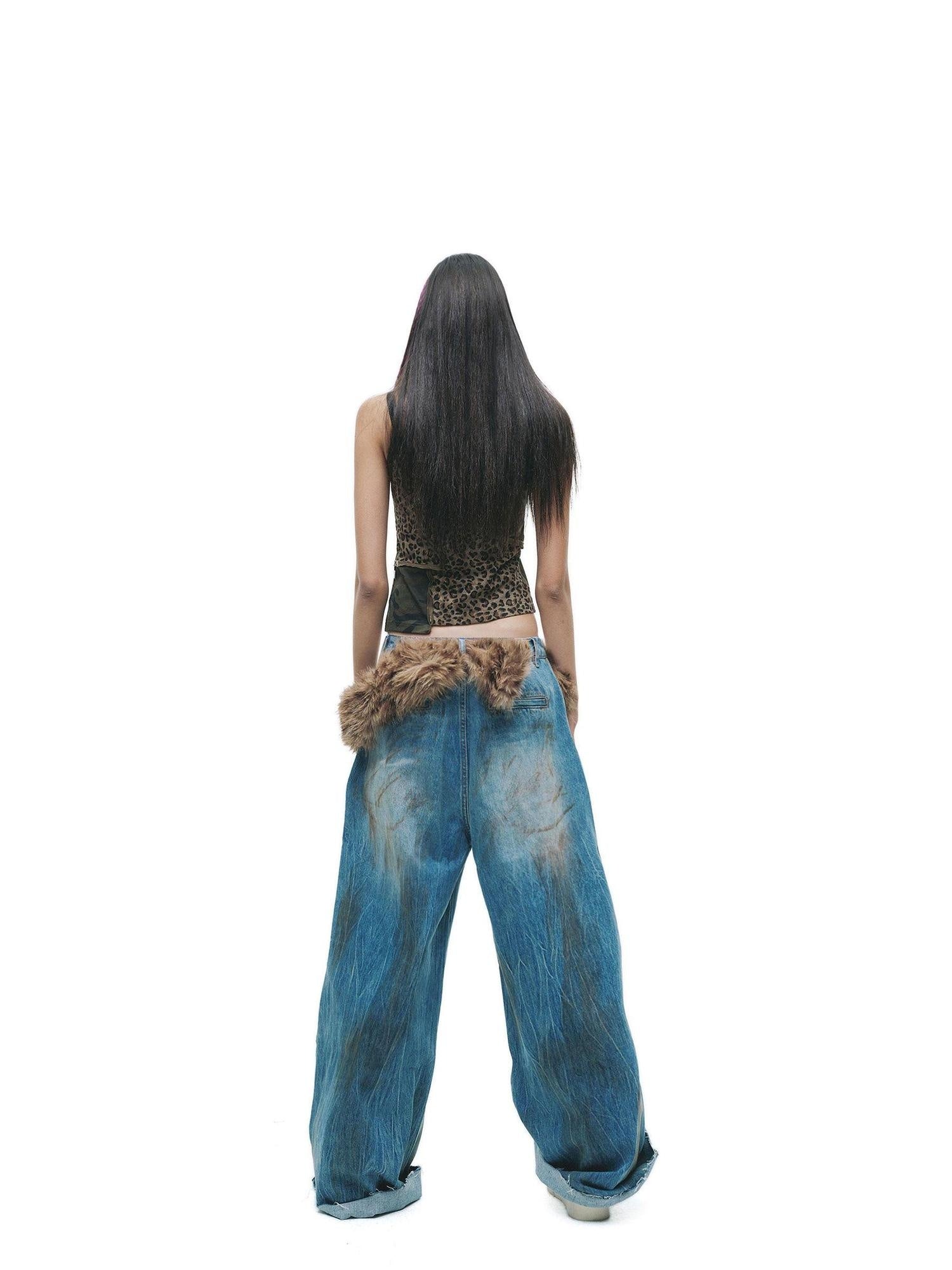 24ans Enzyme Wash Natural Waist Letter Print Blue Slight Stretch Wide-Leg Jeans