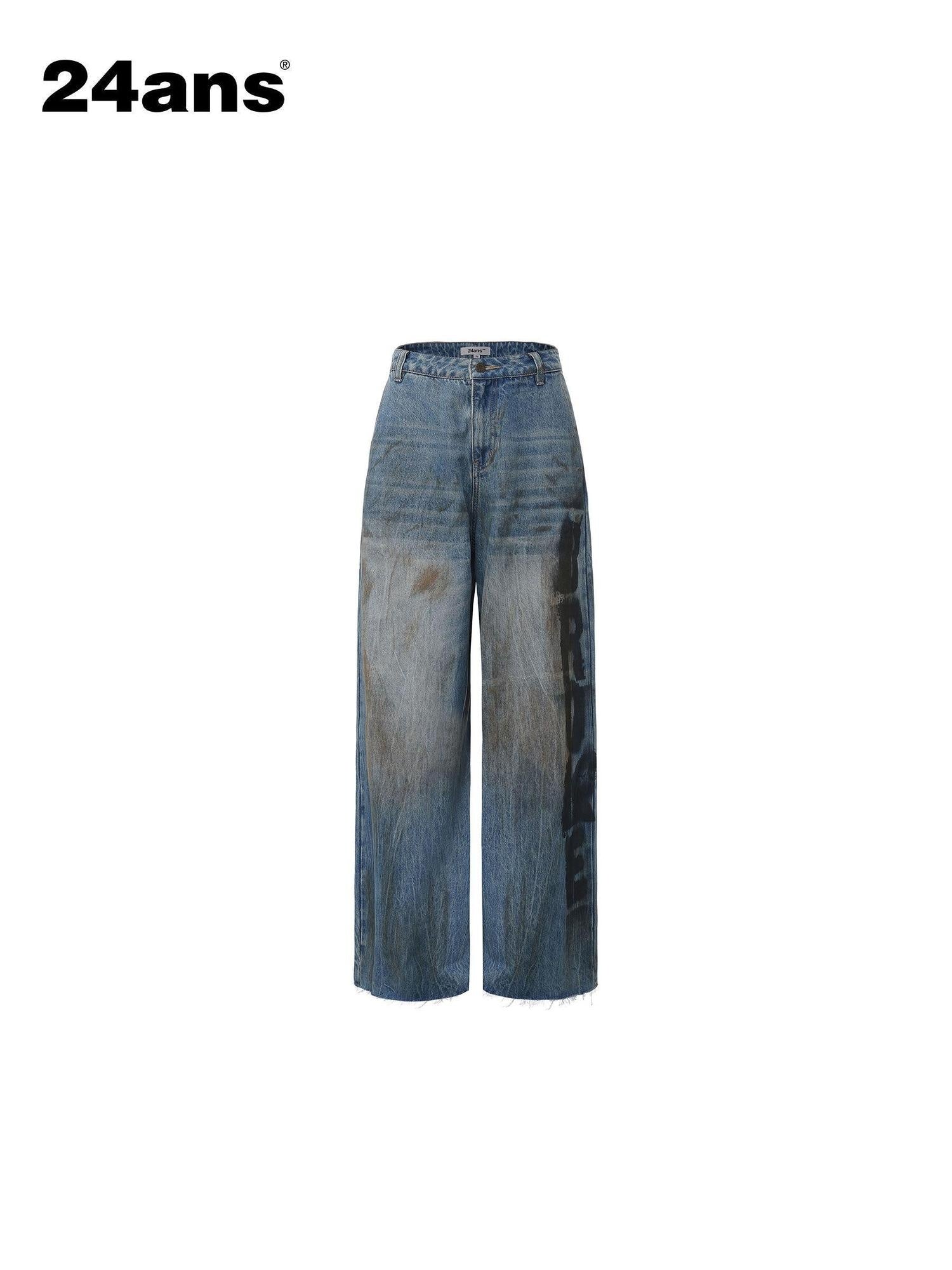 24ans Enzyme Wash Natural Waist Letter Print Blue Slight Stretch Wide-Leg Jeans