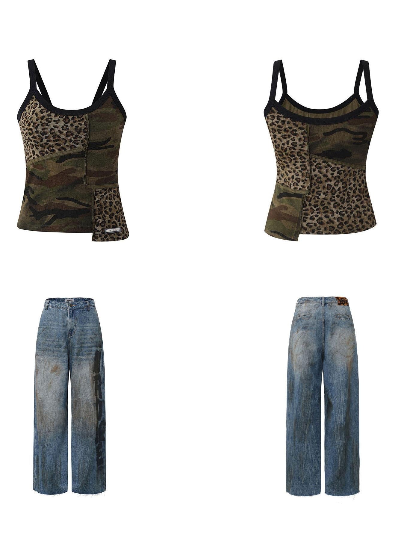 24ans Enzyme Wash Natural Waist Letter Print Blue Slight Stretch Wide-Leg Jeans