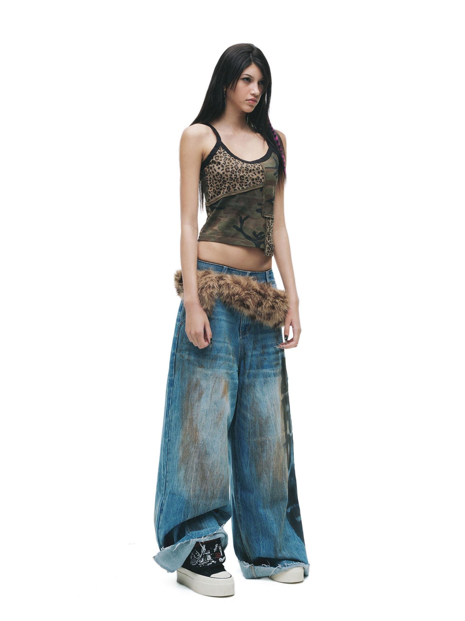 24ans Enzyme Wash Natural Waist Letter Print Blue Slight Stretch Wide-Leg Jeans
