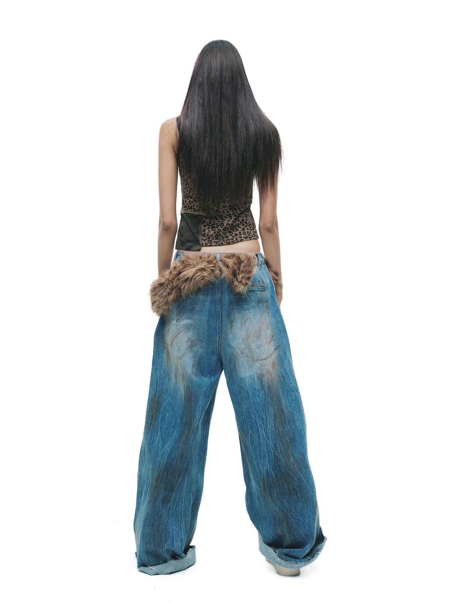 24ans Enzyme Wash Natural Waist Letter Print Blue Slight Stretch Wide-Leg Jeans