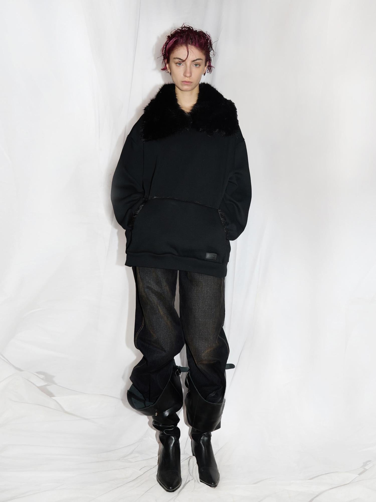 24ans Faux Fox Fur Lined Thin Fleece High Neck Women Sweatshirt