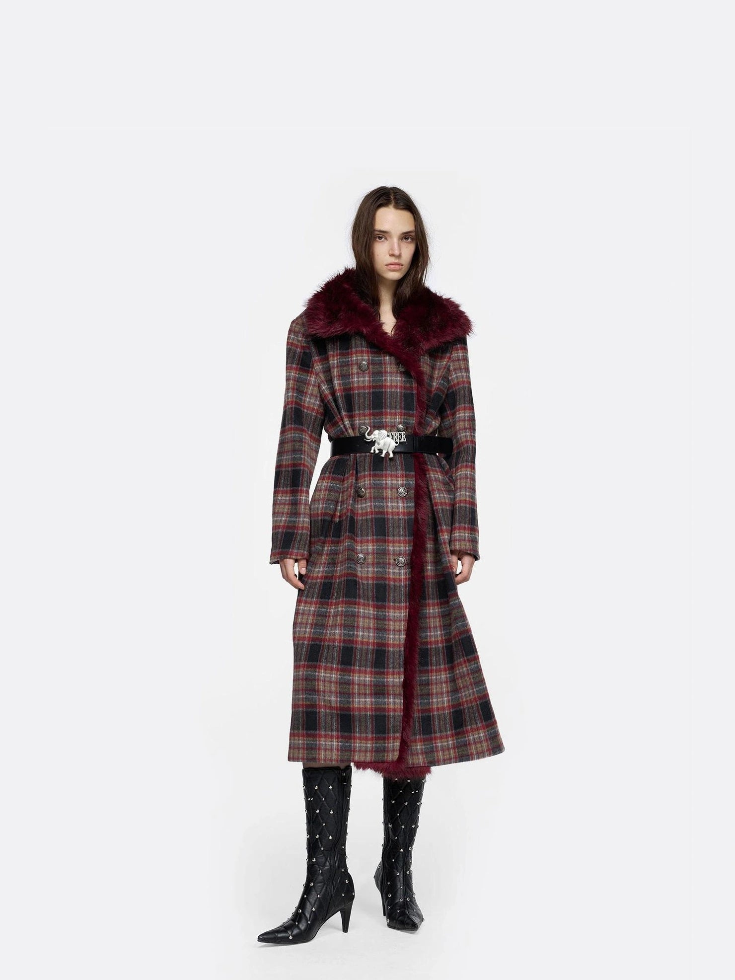 24ans Faux Fur Collar Plaid Wool Blend Overcoat Jacket