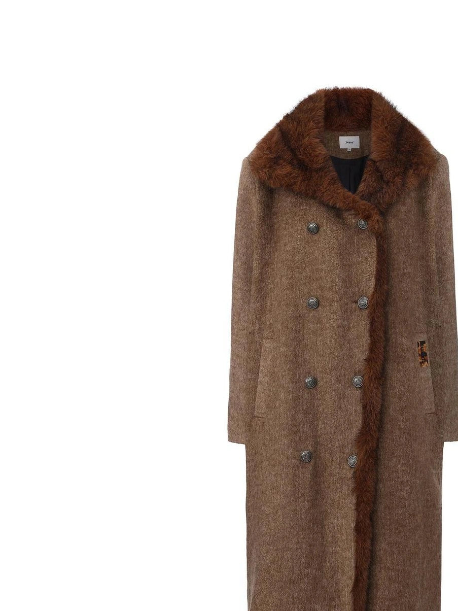 24ans Faux Fur Collar Plaid Wool Blend Overcoat Jacket