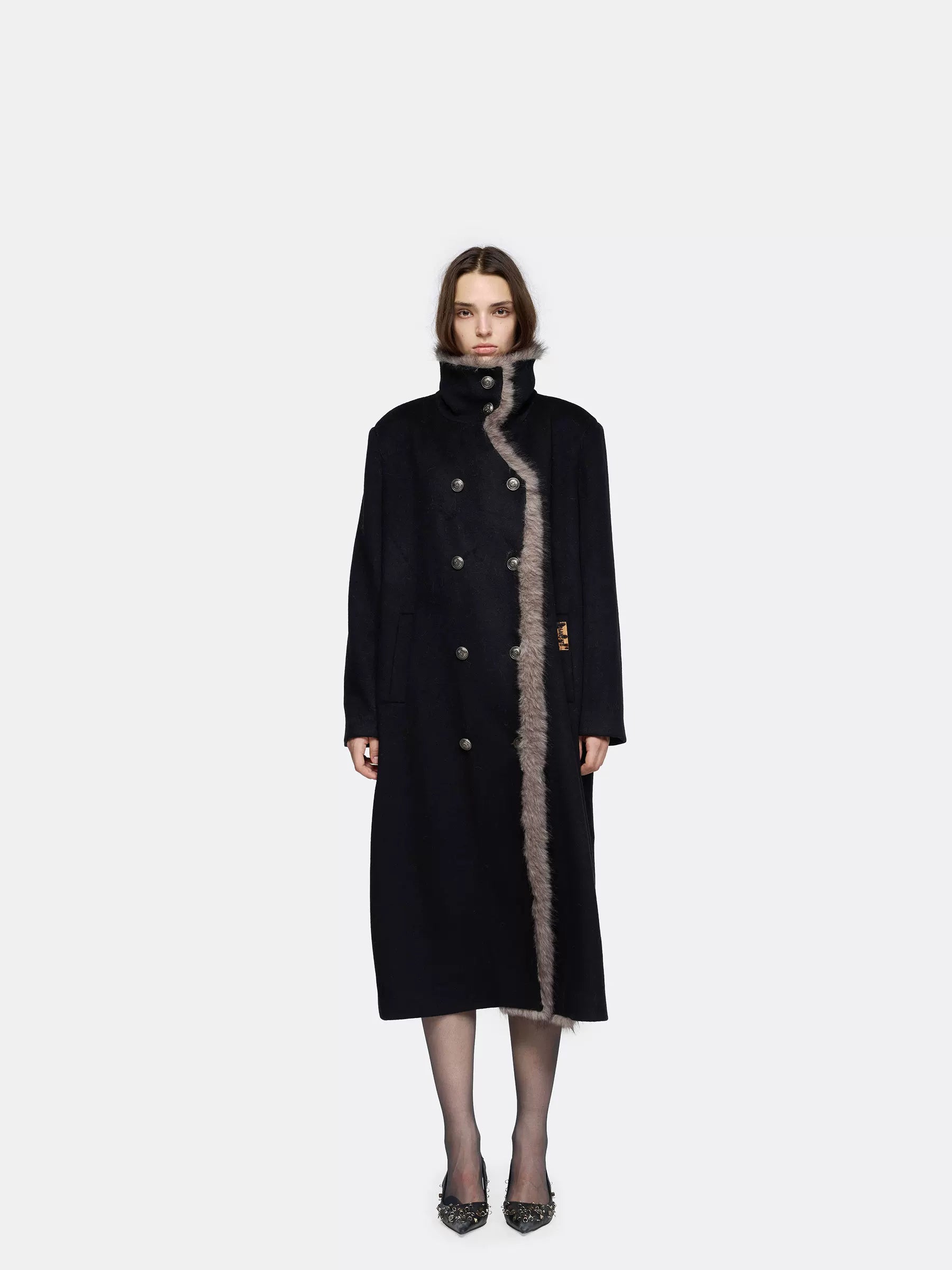 24ans Faux Fur Collar Plaid Wool Blend Overcoat Jacket-1