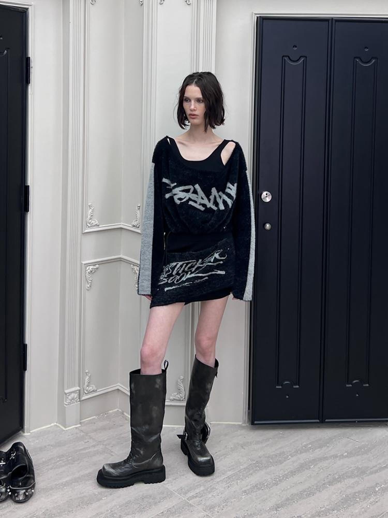 24ans Faux Two Piece Knit Set With Fleece Lining V-Neck T-Shirt Long Sleeve