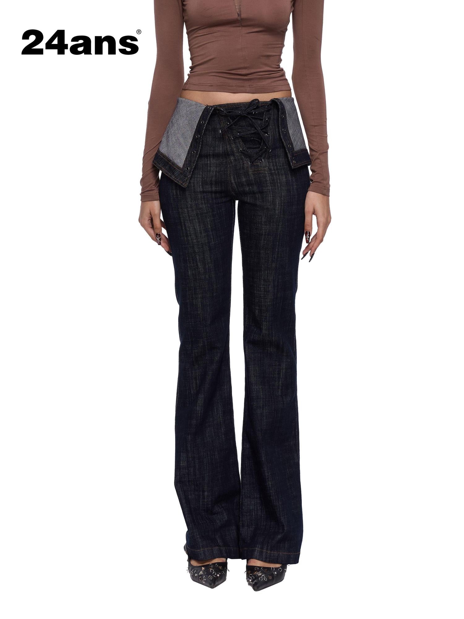 24ans Flared Denim Jeans With Adjustable Waist And Tied Cuff Detail