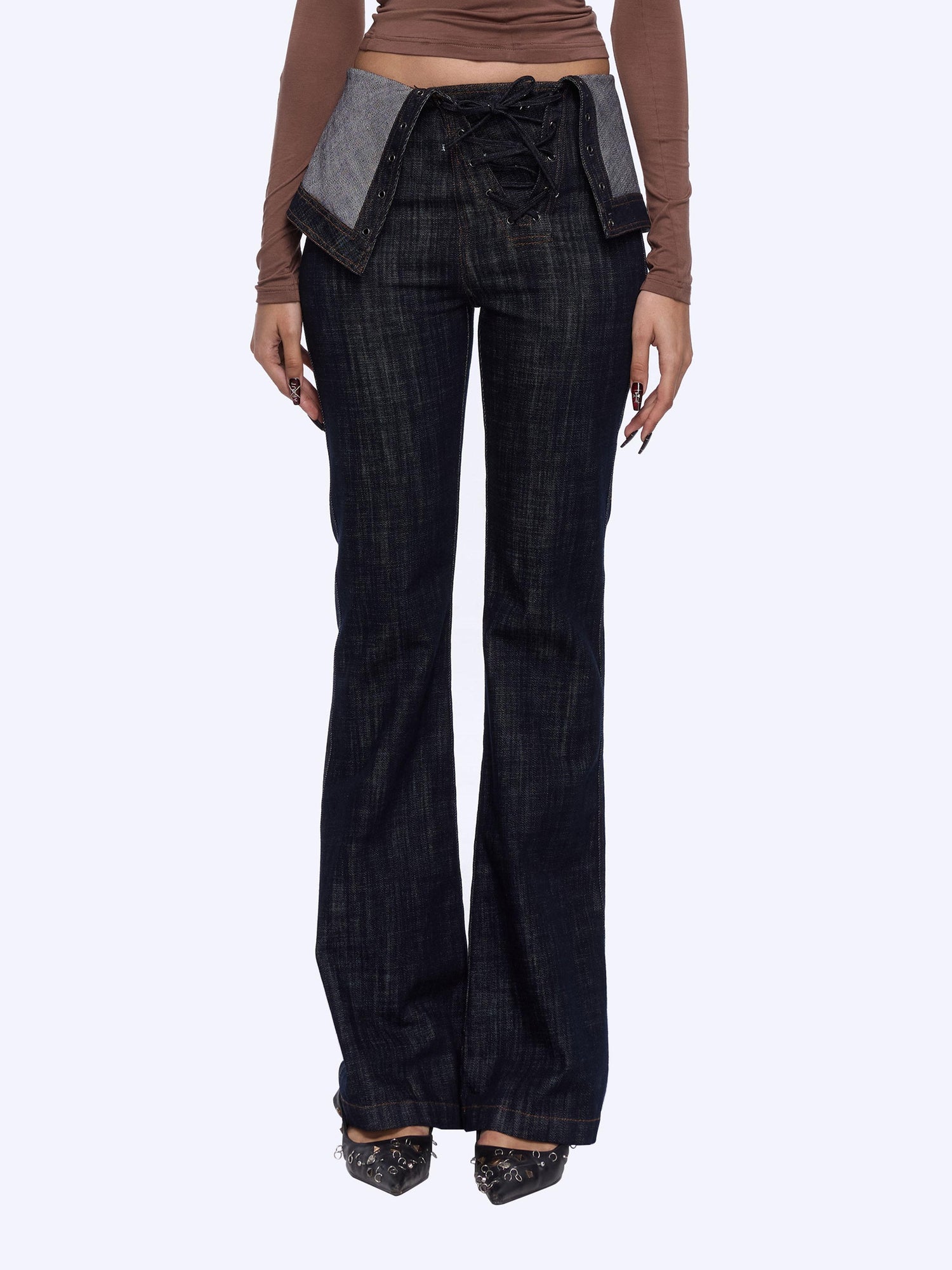 24ans Flared Denim Jeans With Adjustable Waist And Tied Cuff Detail