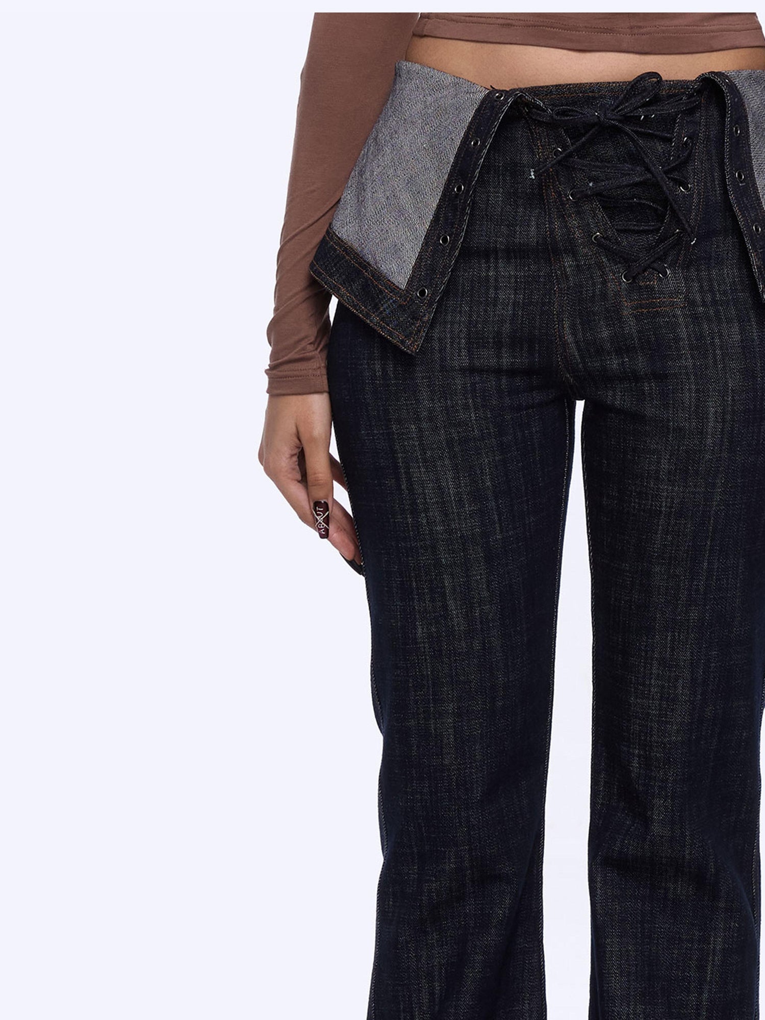 24ans Flared Denim Jeans With Adjustable Waist And Tied Cuff Detail