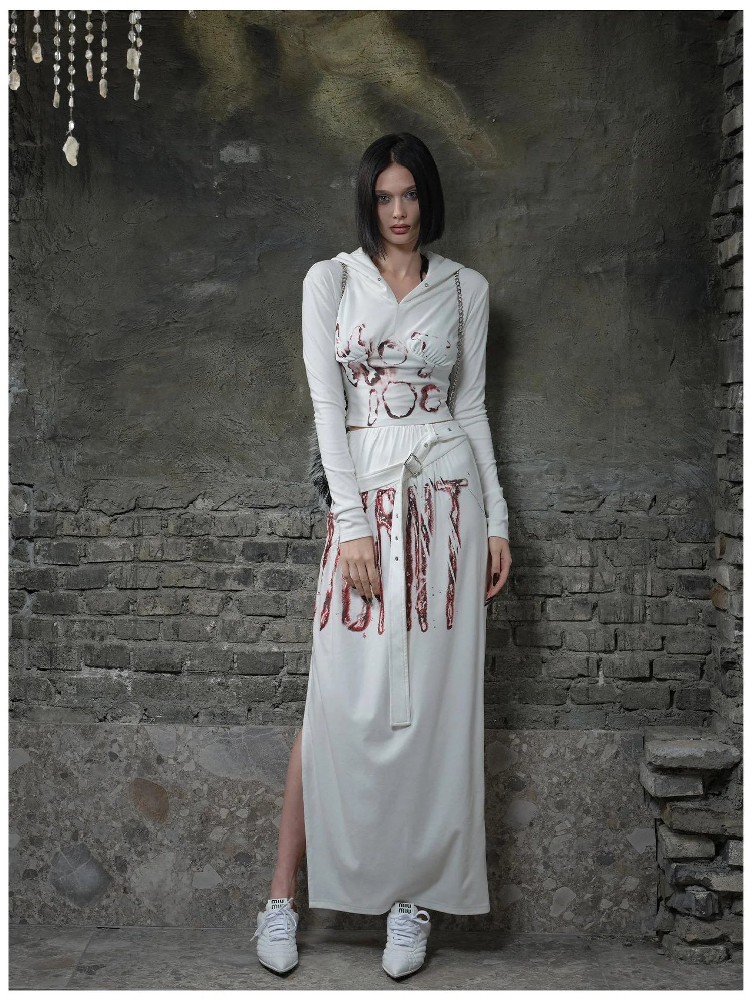 Fleece Trimmed Floral Print Hoodie and Maxi Skirt Set