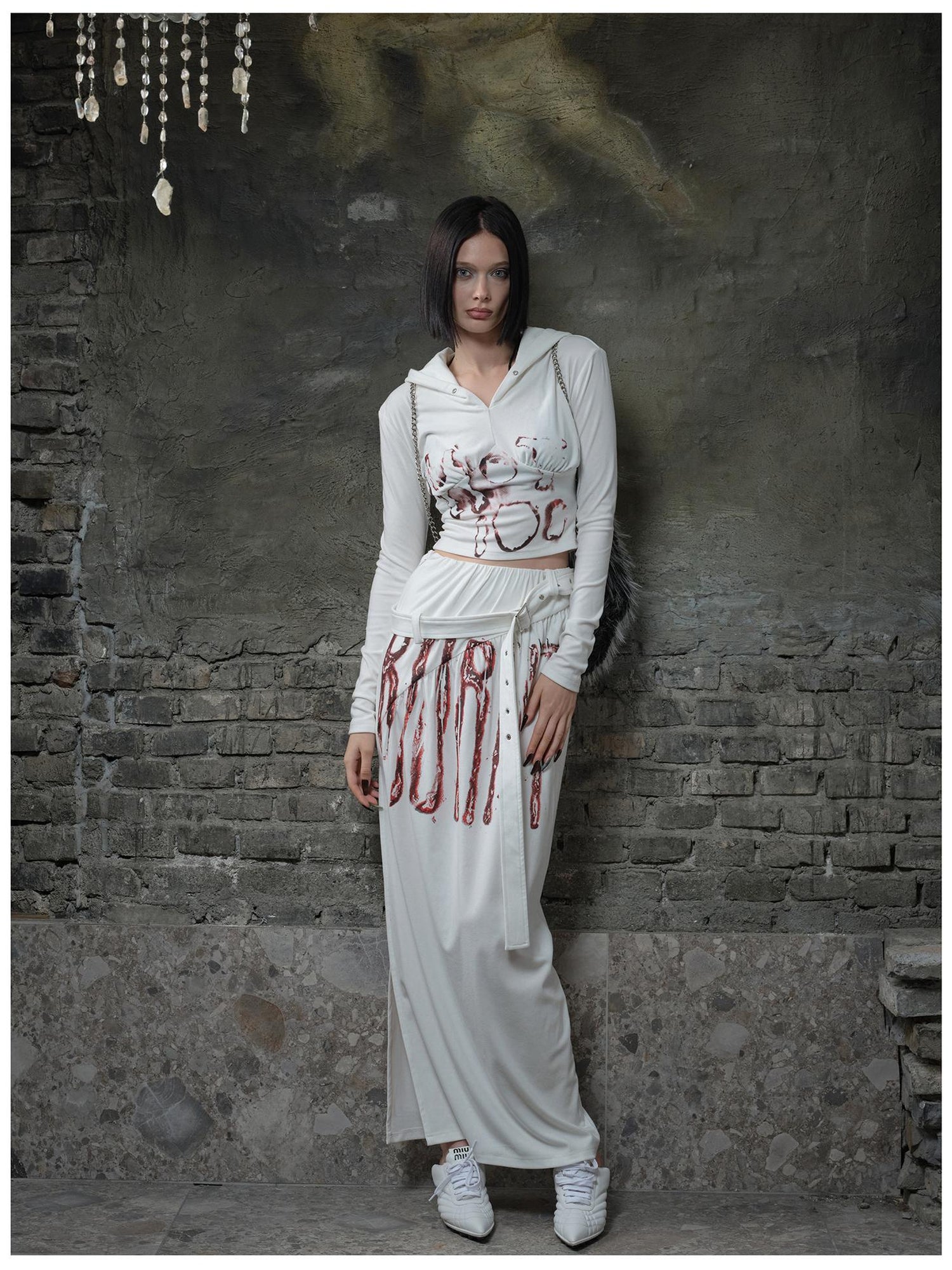 24ans Fleece Trimmed Floral Print Hoodie and Maxi Skirt Set