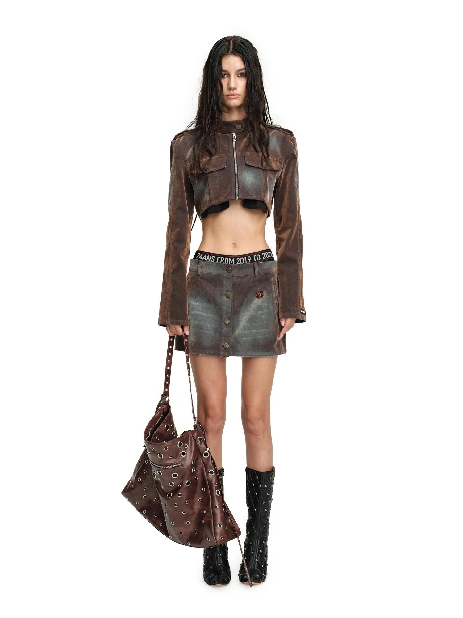 Flocked Washed High Waist Short Jacket Skirt Set