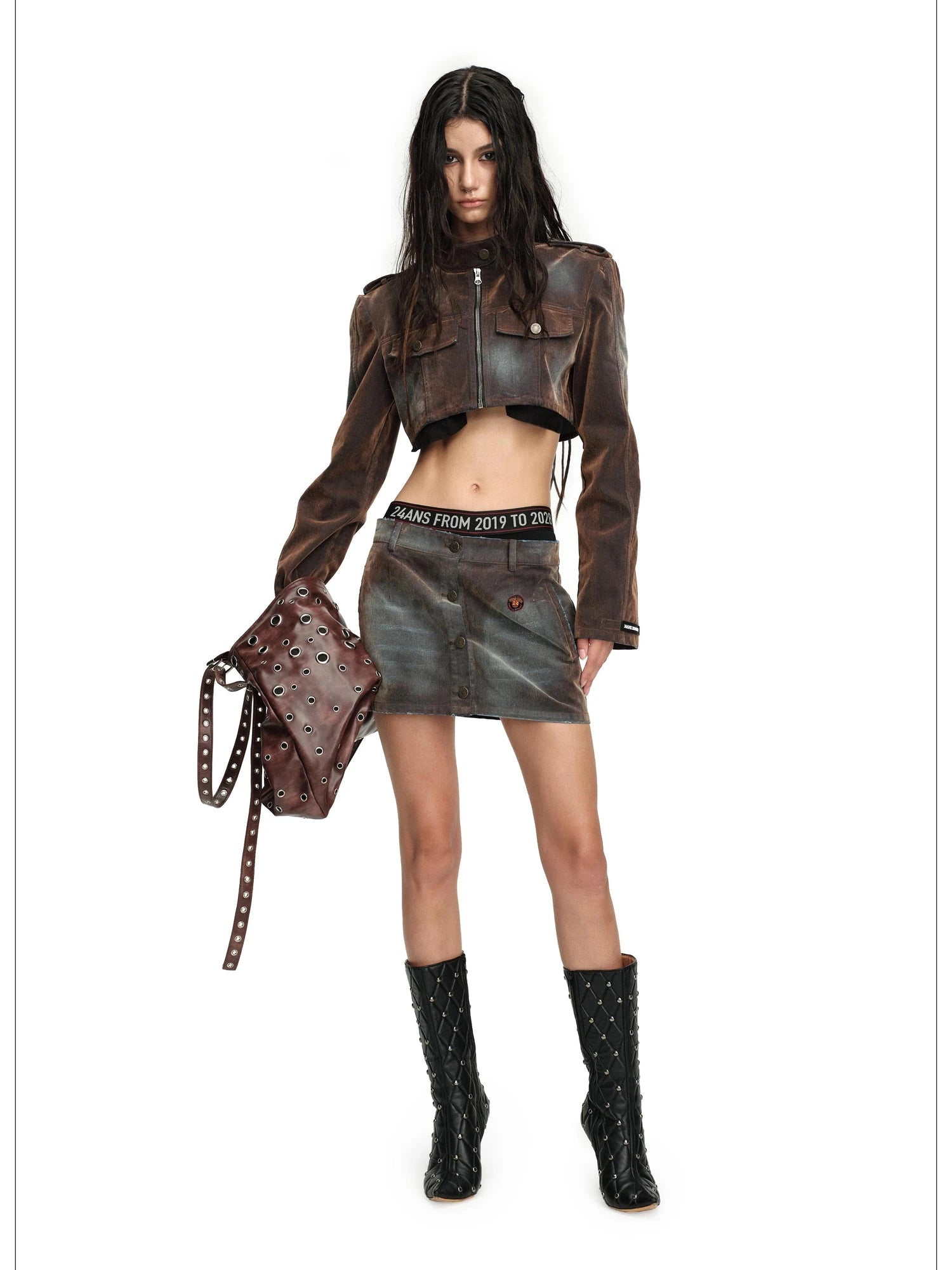 Flocked Washed High Waist Short Jacket Skirt Set