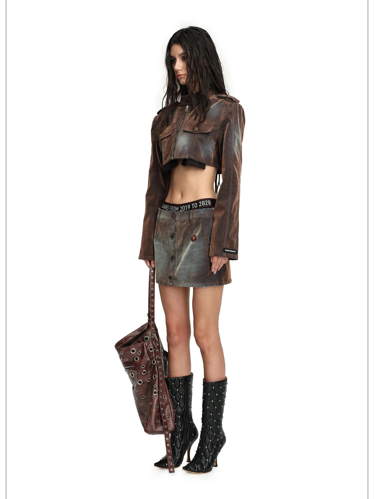 Flocked Washed High Waist Short Jacket Skirt Set