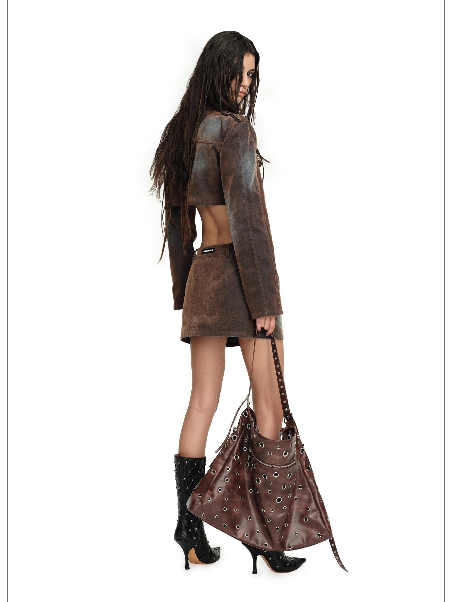 Flocked Washed High Waist Short Jacket Skirt Set