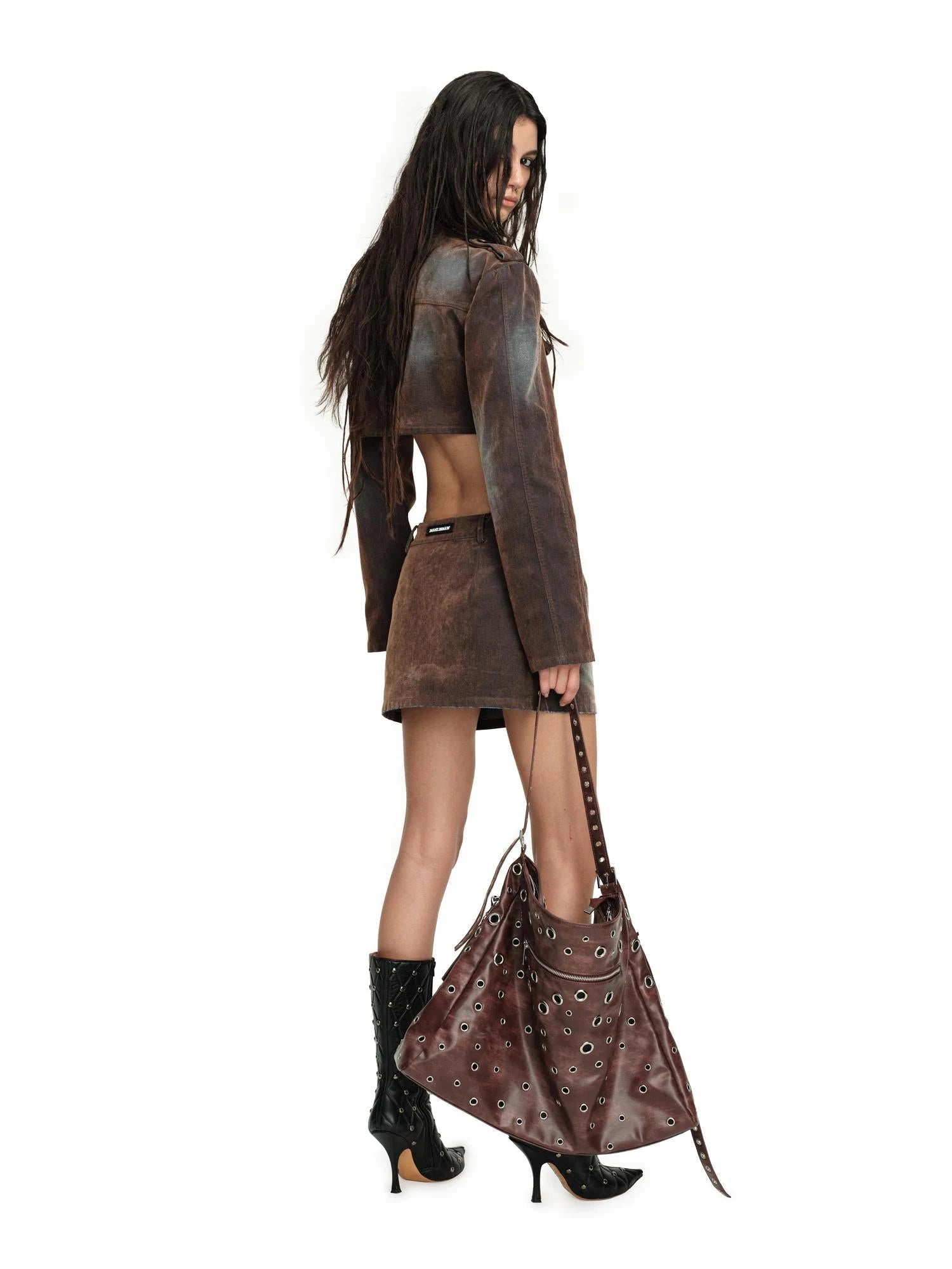 Flocked Washed High Waist Short Jacket Skirt Set