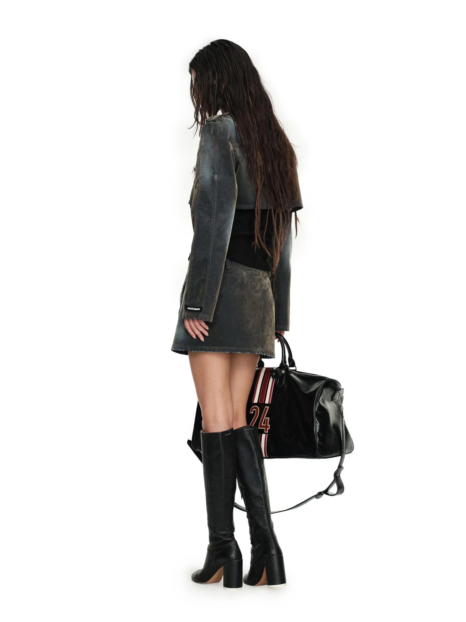 Flocked Washed High Waist Short Jacket Skirt Set