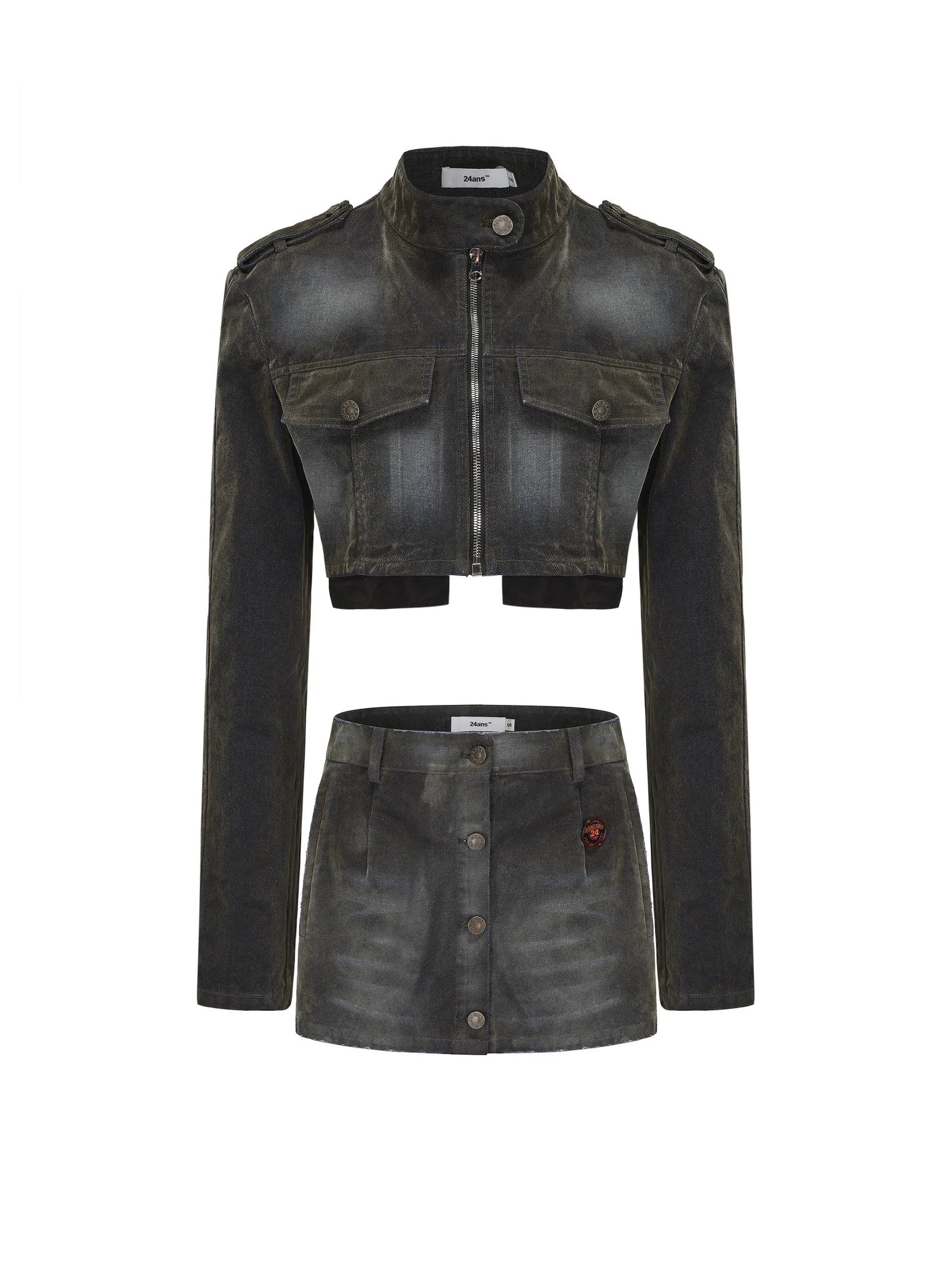 Flocked Washed High Waist Short Jacket Skirt Set