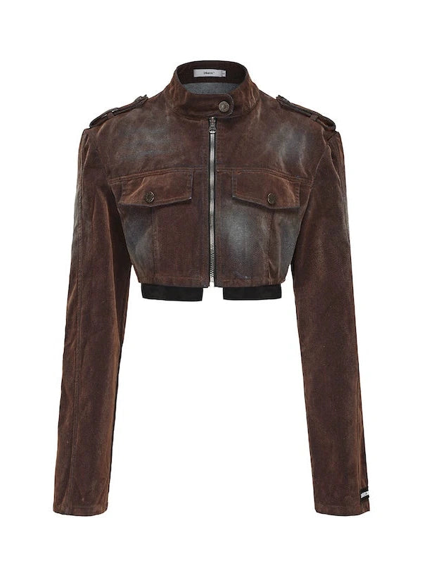 Flocked Washed High Waist Short Jacket Skirt Set