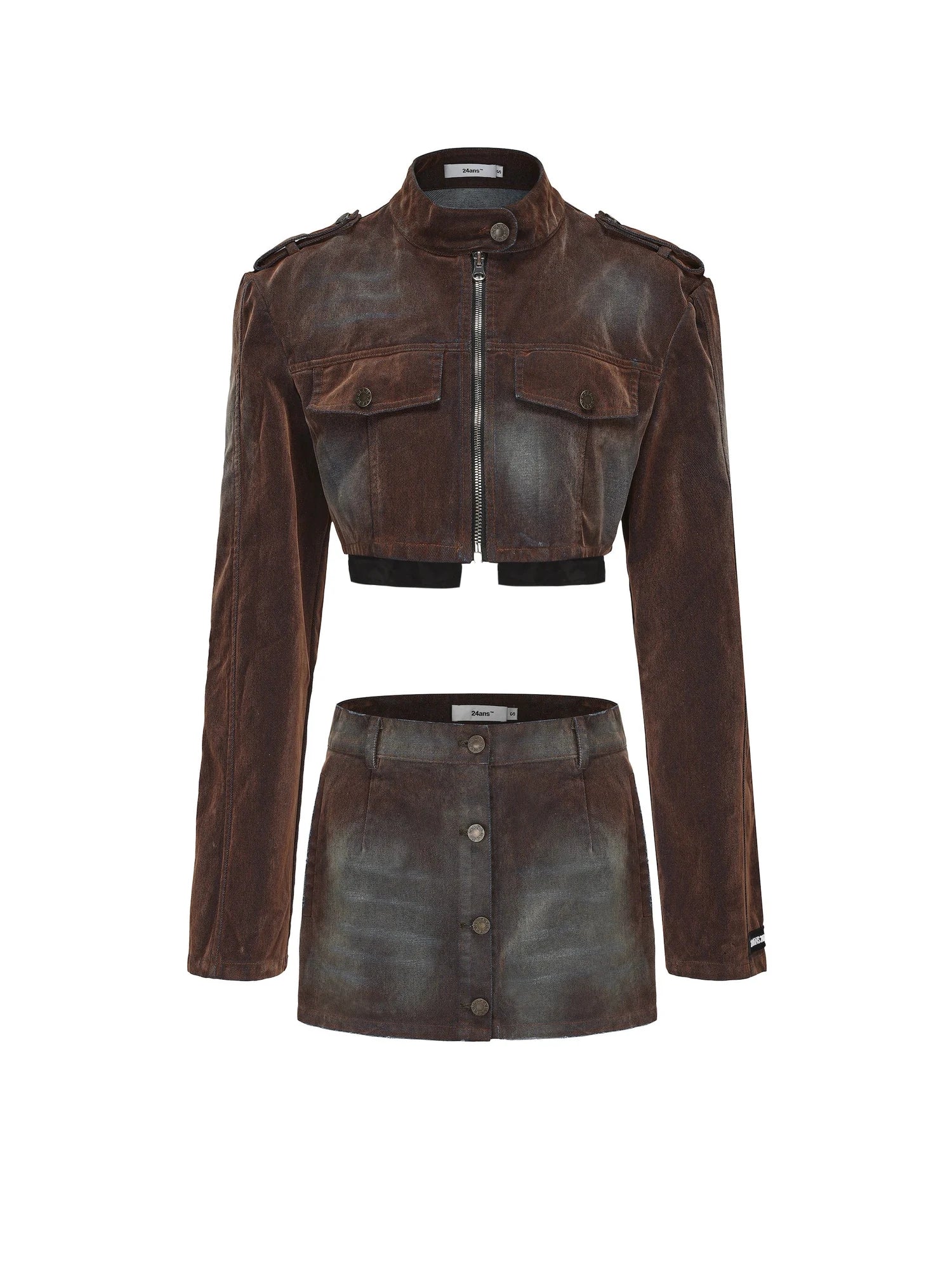 Flocked Washed High Waist Short Jacket Skirt Set