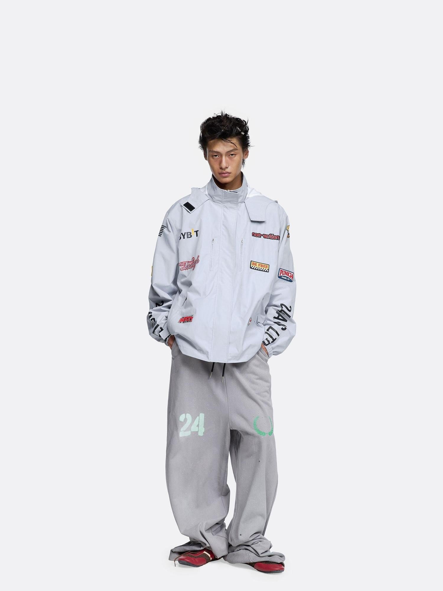 24ans Fur Lined Hooded Oversized Zipper Unisex Letter Print Polyester Jacket