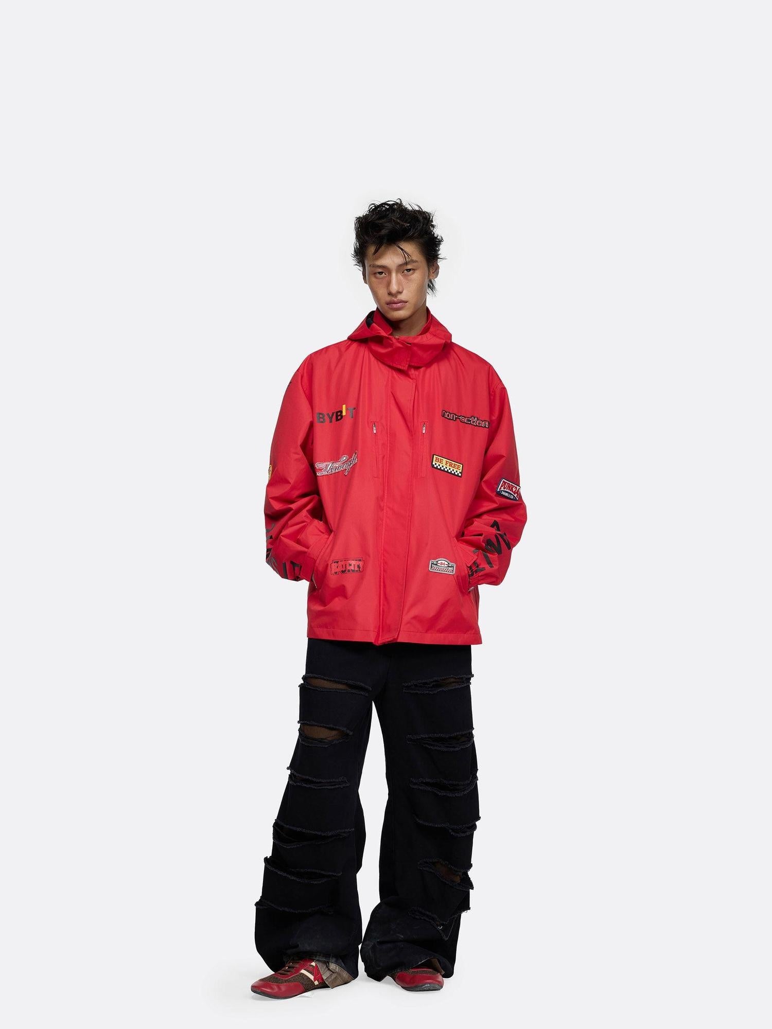 24ans Fur Lined Hooded Oversized Zipper Unisex Letter Print Polyester Jacket