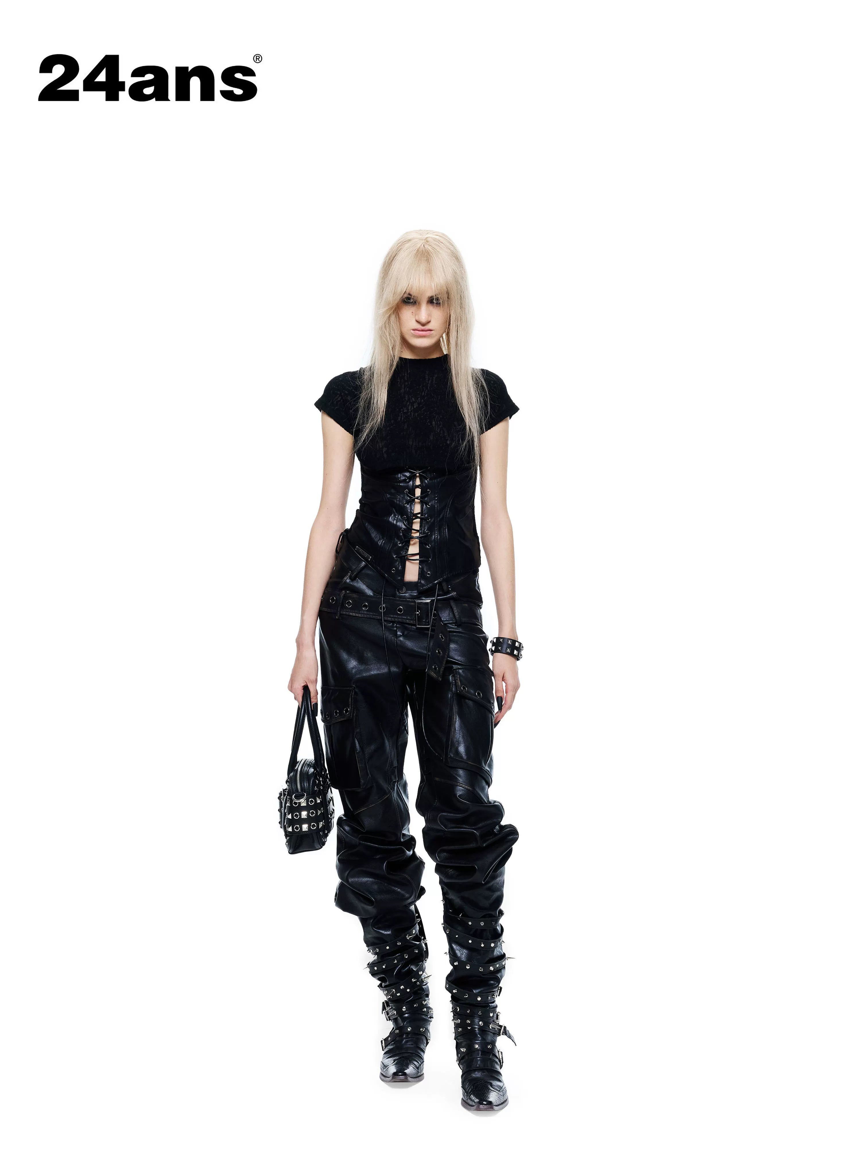 24ans Gothic Wool Nylon Slim Fit Patchwork Crew Neck Tie Women Short Sleeve T-Shirts-1