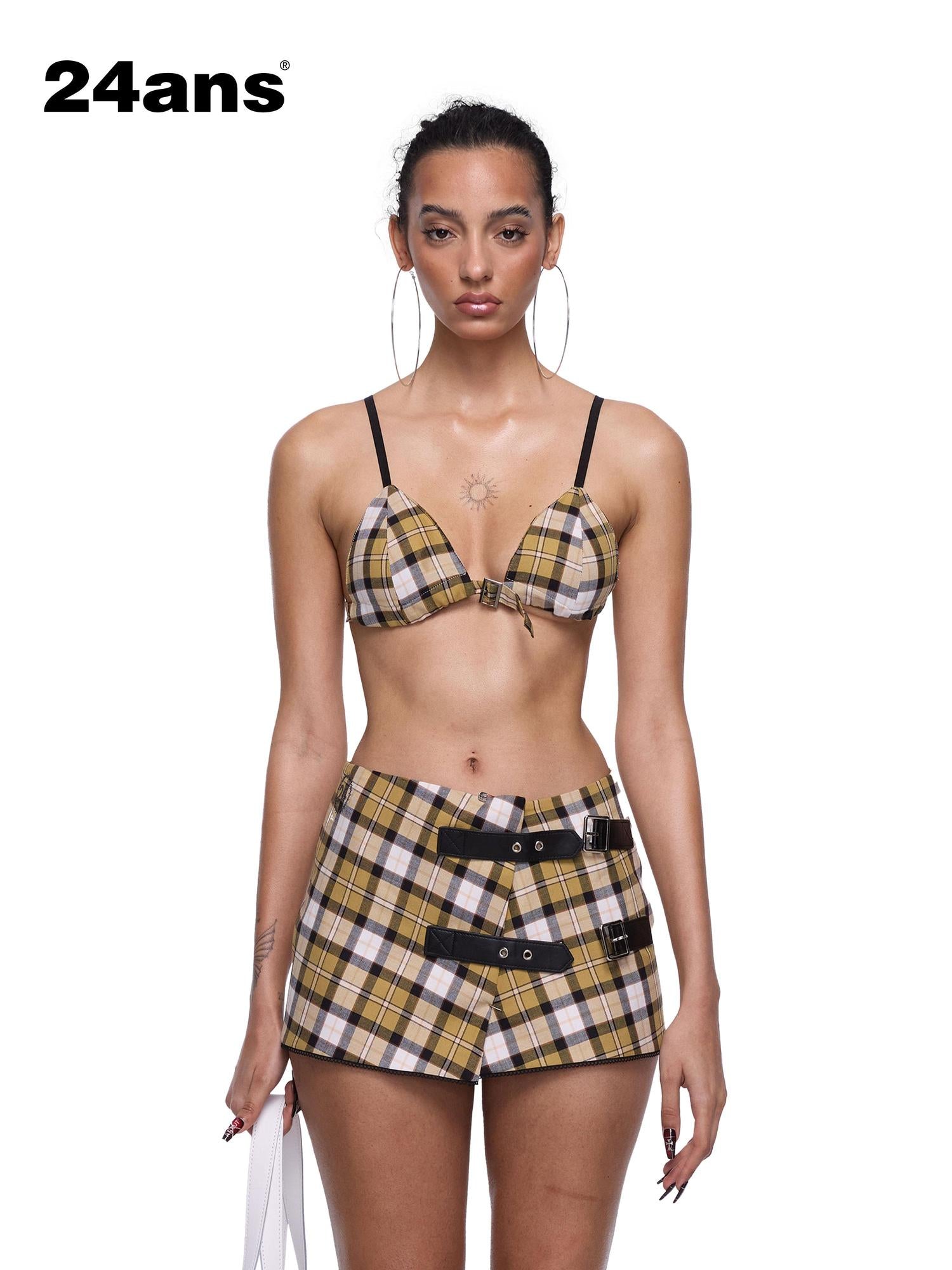 24ans Grid Pattern Bra Top And Pleated Skirt Two Piece Set