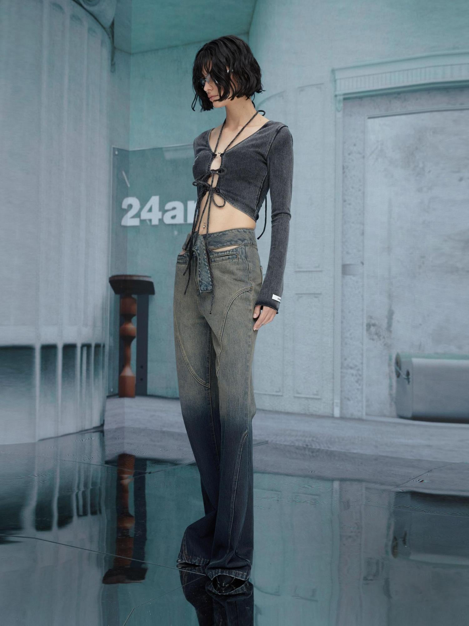 24ans Halter Neck Hollowed Out Long Sleeve Top And Skirt Set