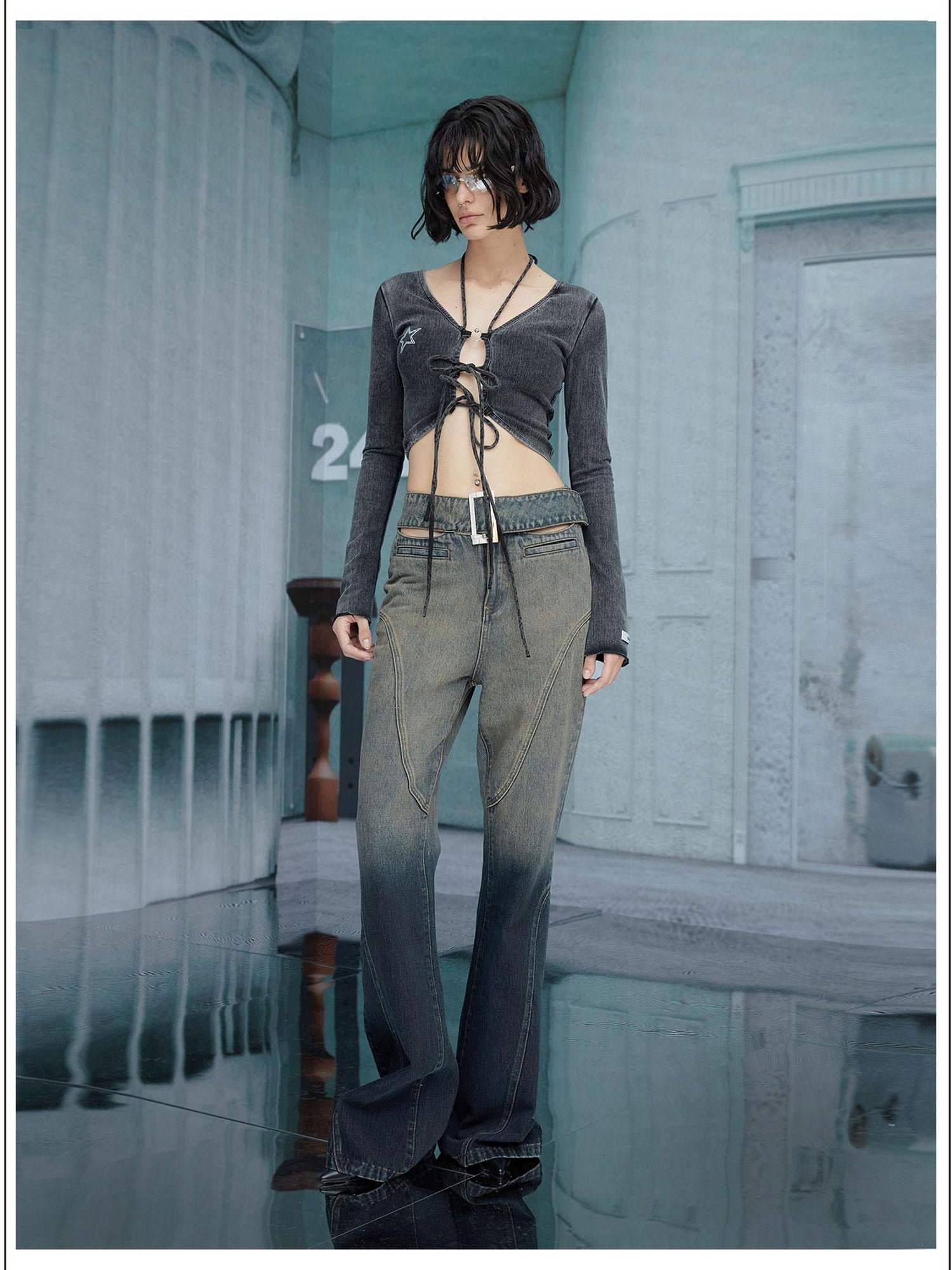 24ans Halter Neck Hollowed Out Long Sleeve Top And Skirt Set