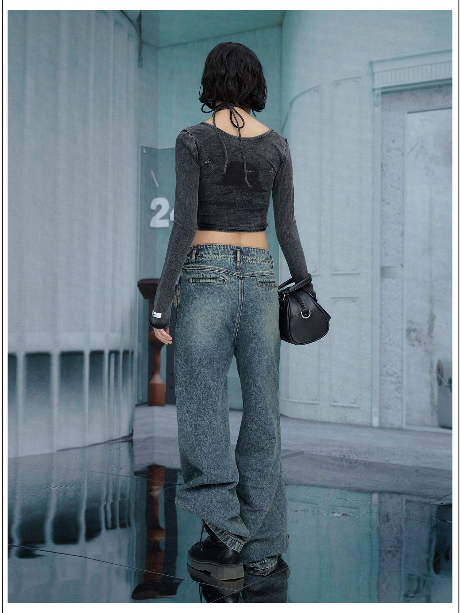 24ans Halter Neck Hollowed Out Long Sleeve Top And Skirt Set