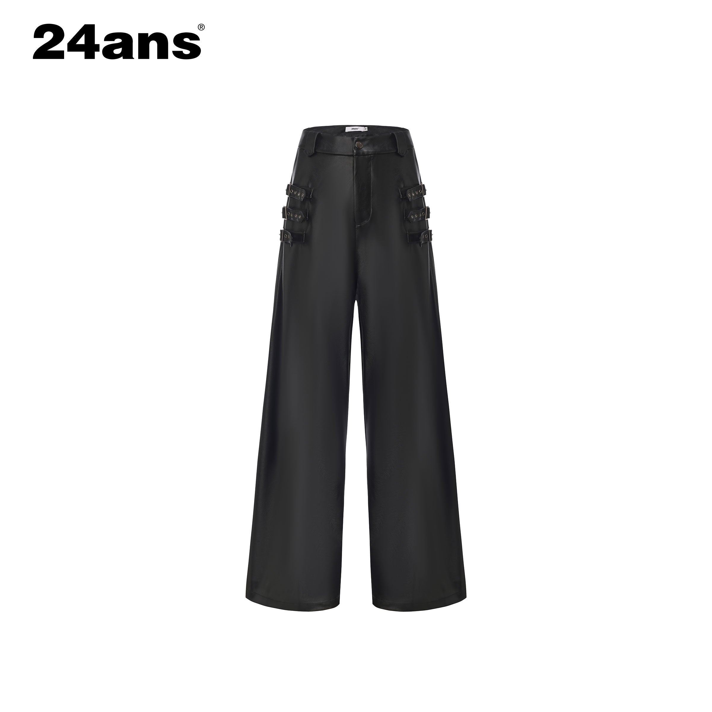 24ans_High_Waist_Plaid_Wide_Leg_Casual_Button_Front_Stretch_Black_Women_Pants_MISSTT