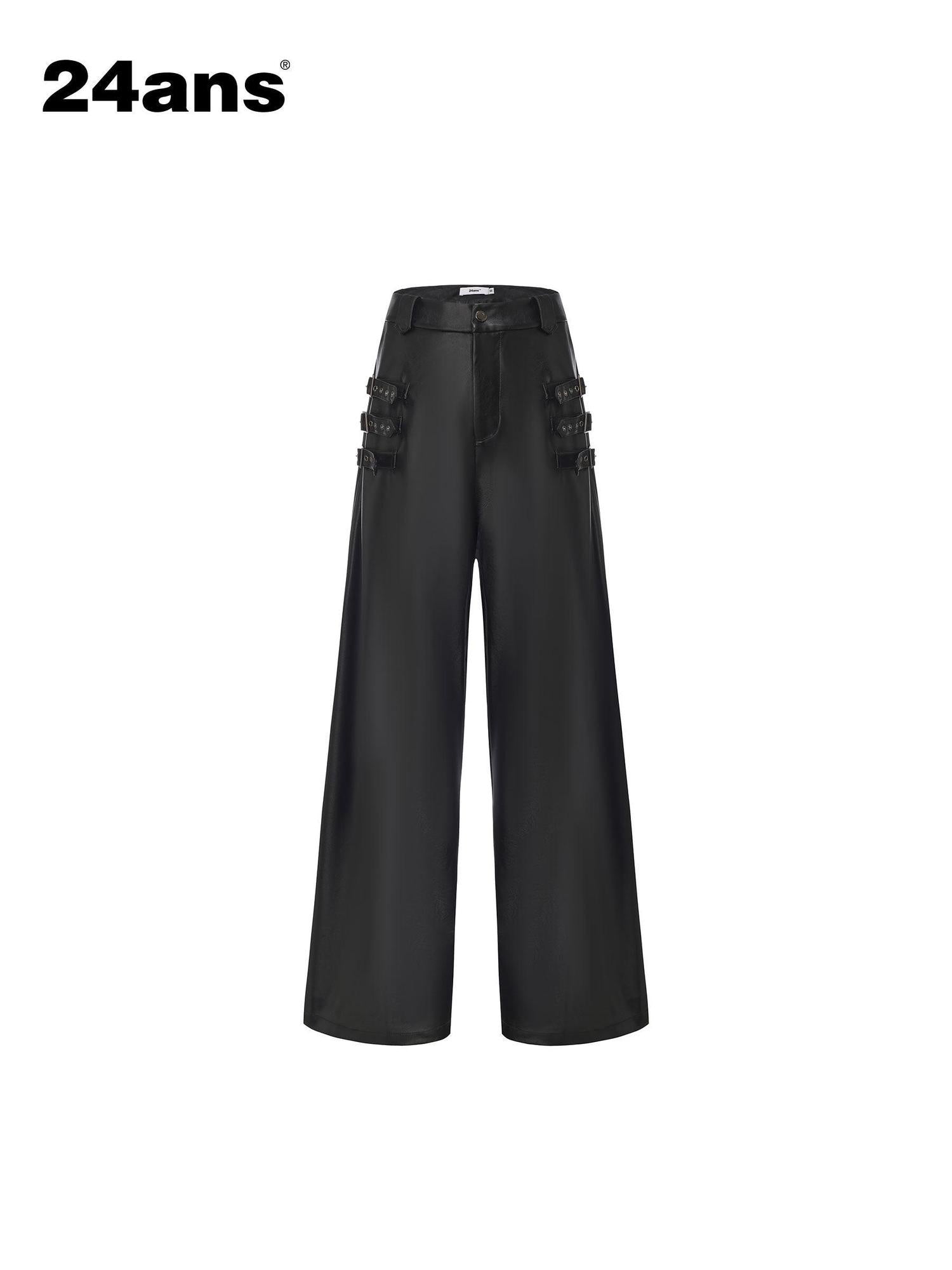 24ans High Waist Plaid Wide Leg Casual Button Front Stretch Black Women Pants