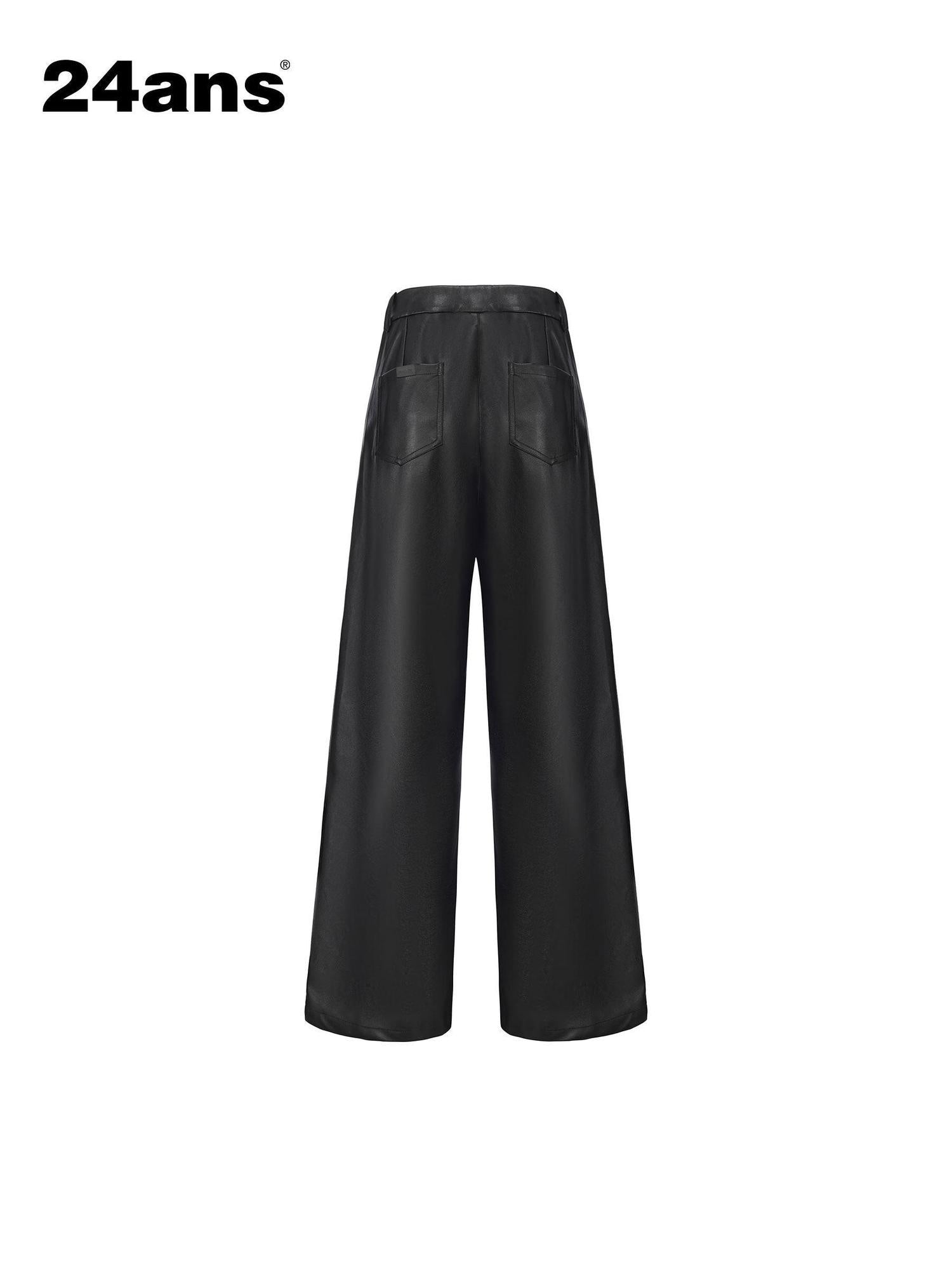 24ans High Waist Plaid Wide Leg Casual Button Front Stretch Black Women Pants