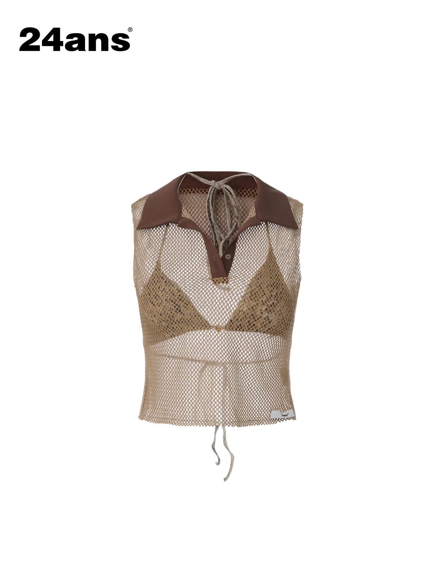 24ans Honeycomb Mesh Contrast Ribbed Polo Collar Women&