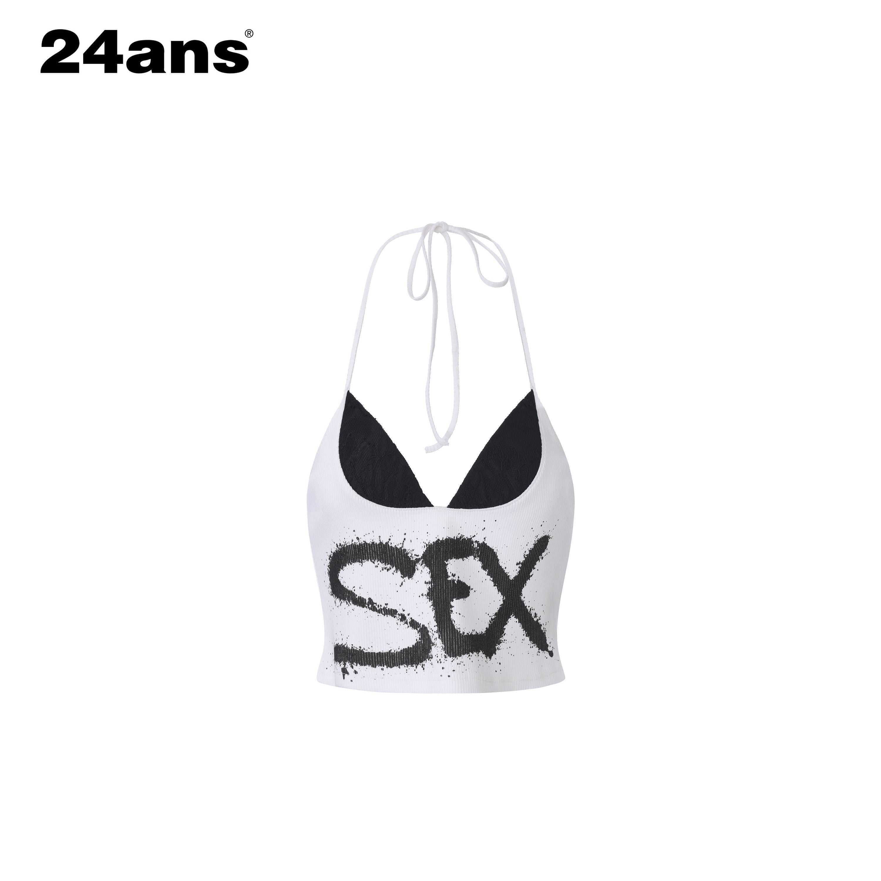 24ans_Ink_Splatter_Letter_Print_Faux_Layered_Halter_Tie_Women&