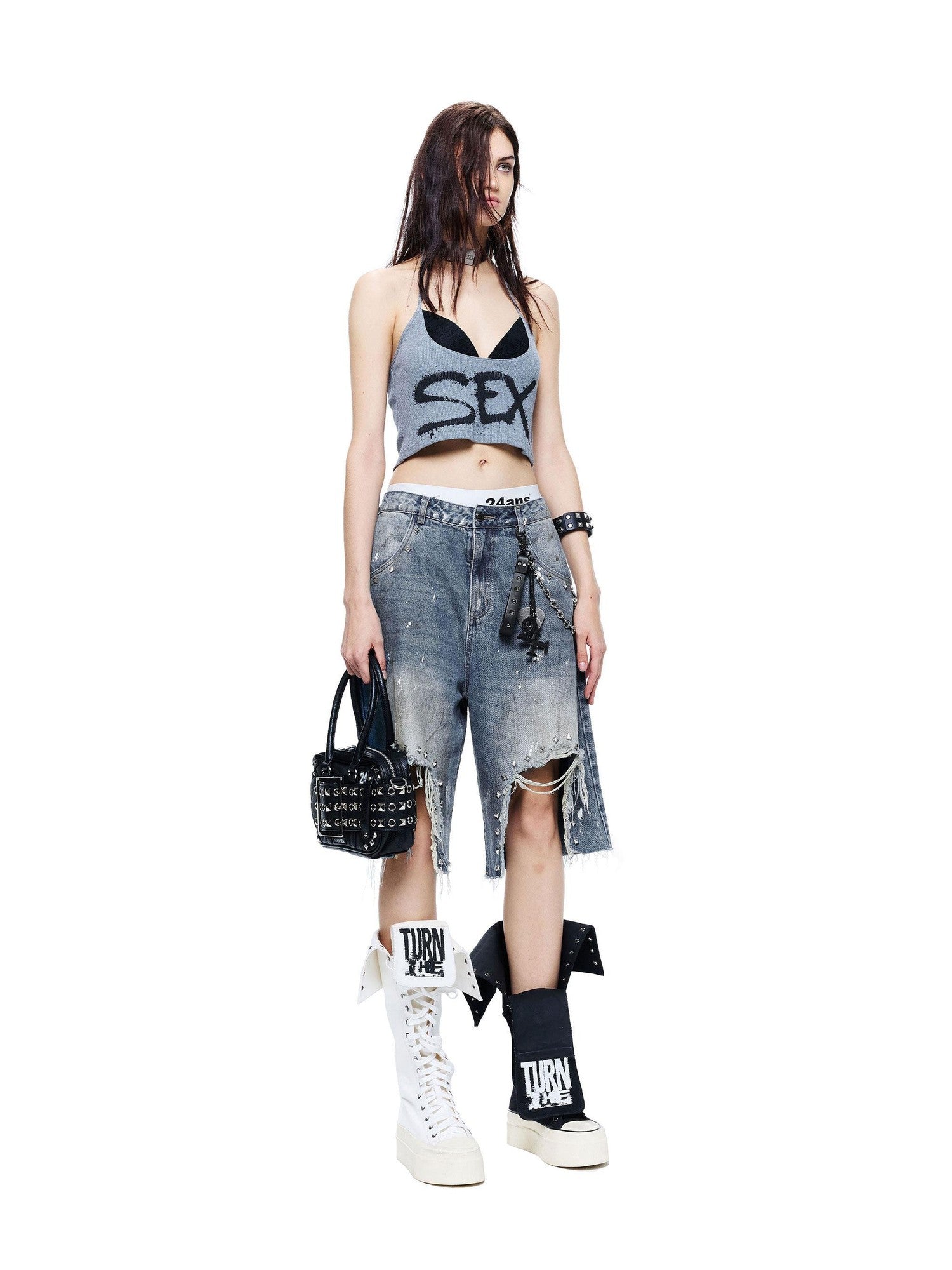 24ans Ink Splatter Letter Print Faux Layered Halter Tie Women&