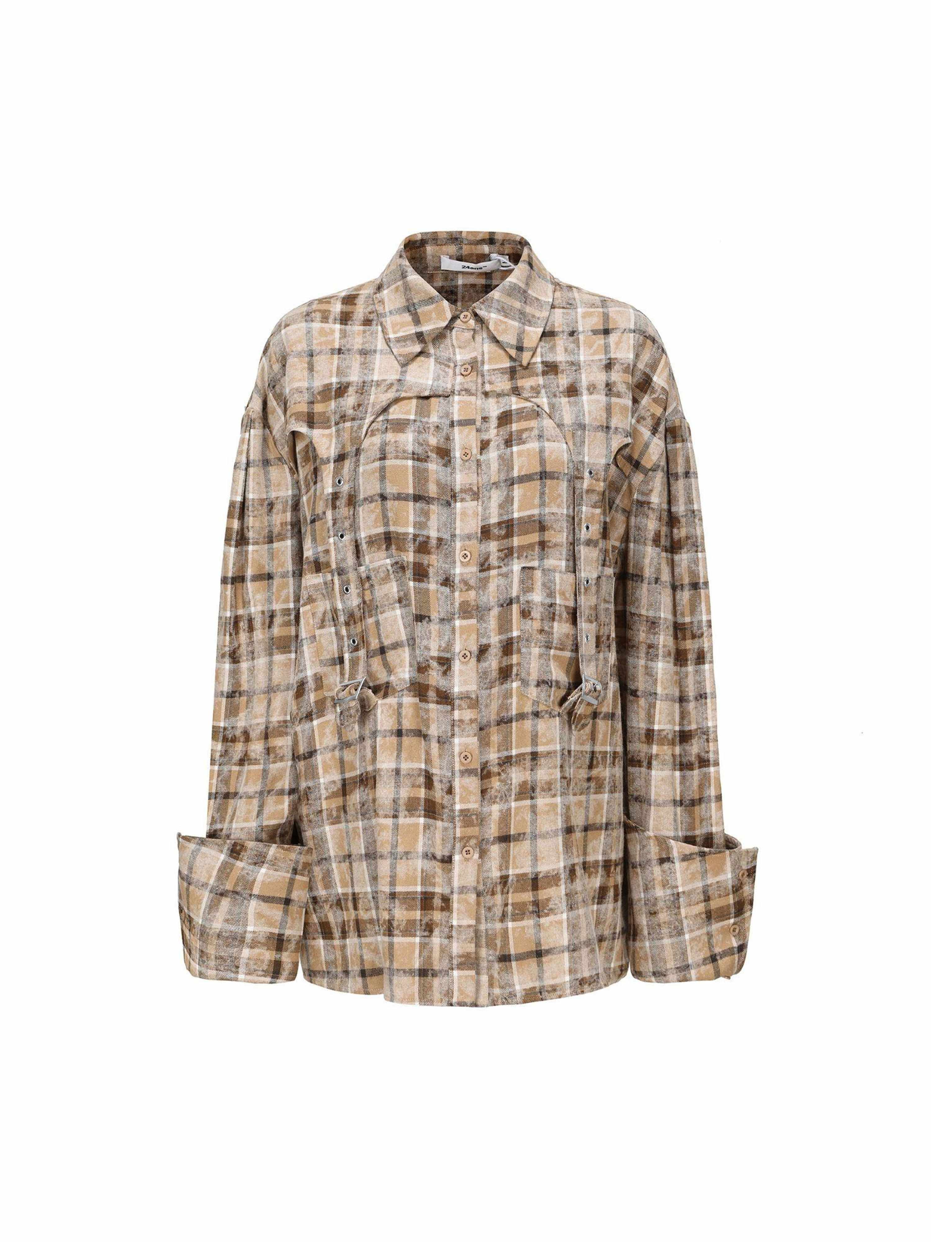 24ans_Khaki_Checkered_Punk_Loose_Lapel_Pocket_Long_Sleeve_Women&