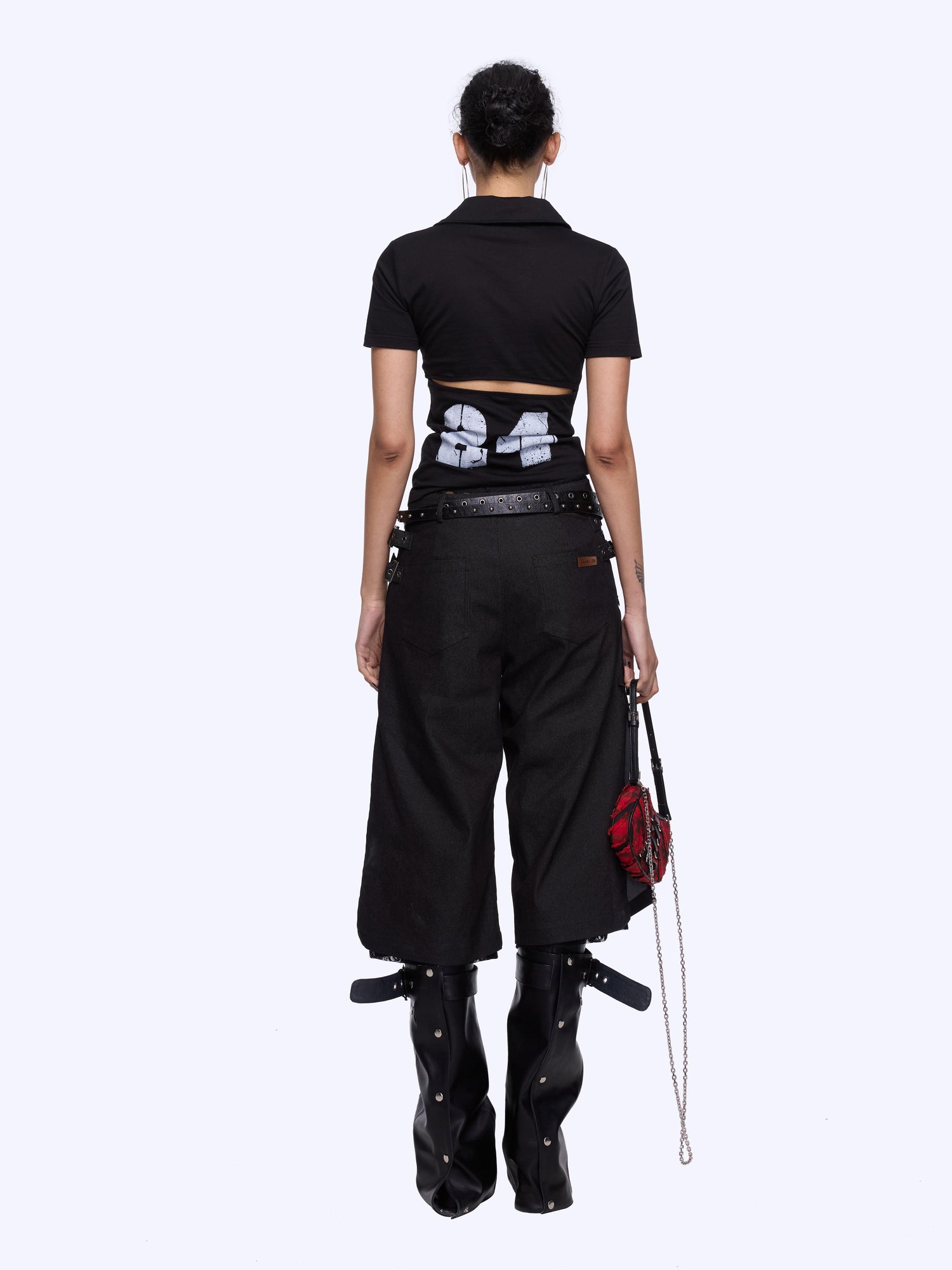 24ans Lace Patchwork Flared Denim Shorts In Black And White