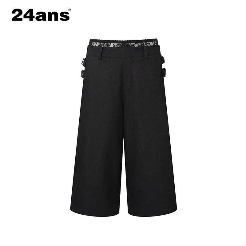 24ans Lace Patchwork Flared Denim Shorts In Black And White MISSTT