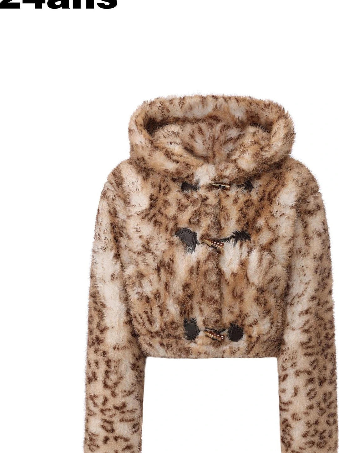 24ans Leopard Print Faux Fur Hooded Short Coat Jacket