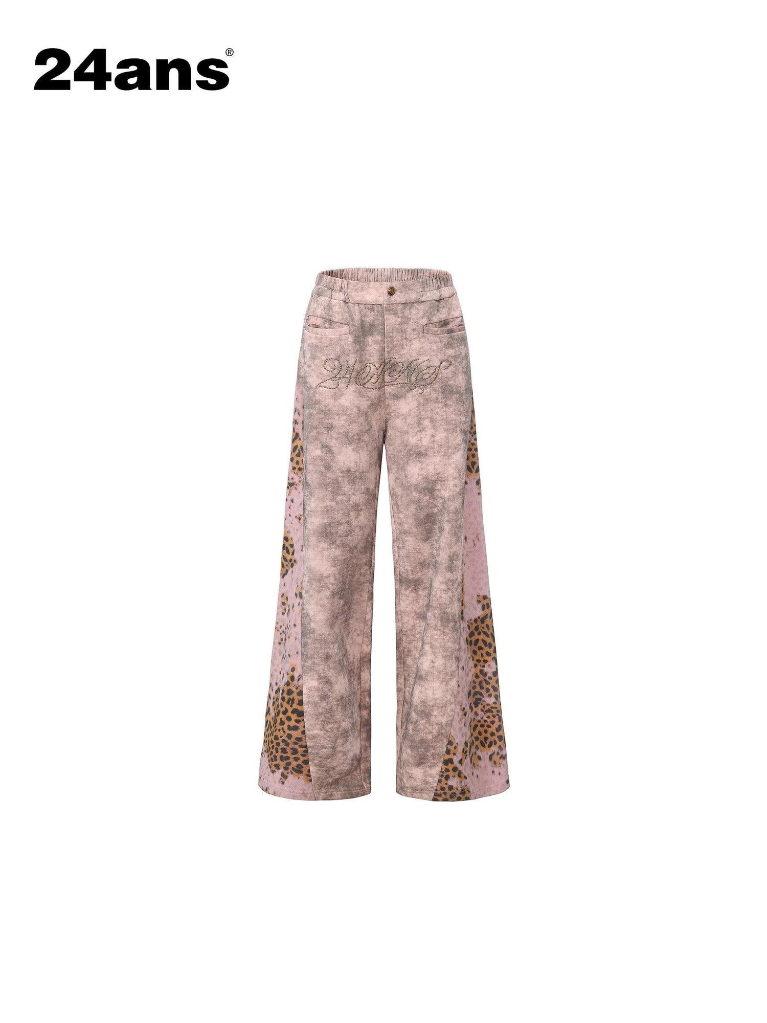 24ans Leopard Print Low Rise Button Fly Wide Leg Unisex 100% Cotton Sweatpants
